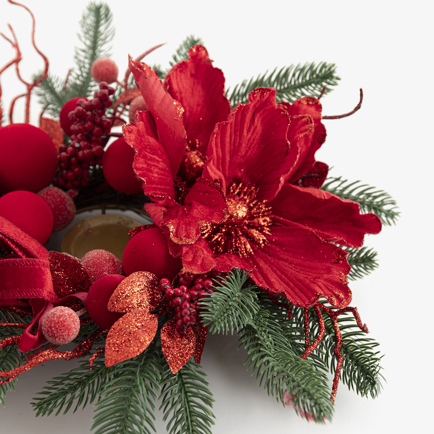 Portavelas de Navidad verde con flores rojas 30cm