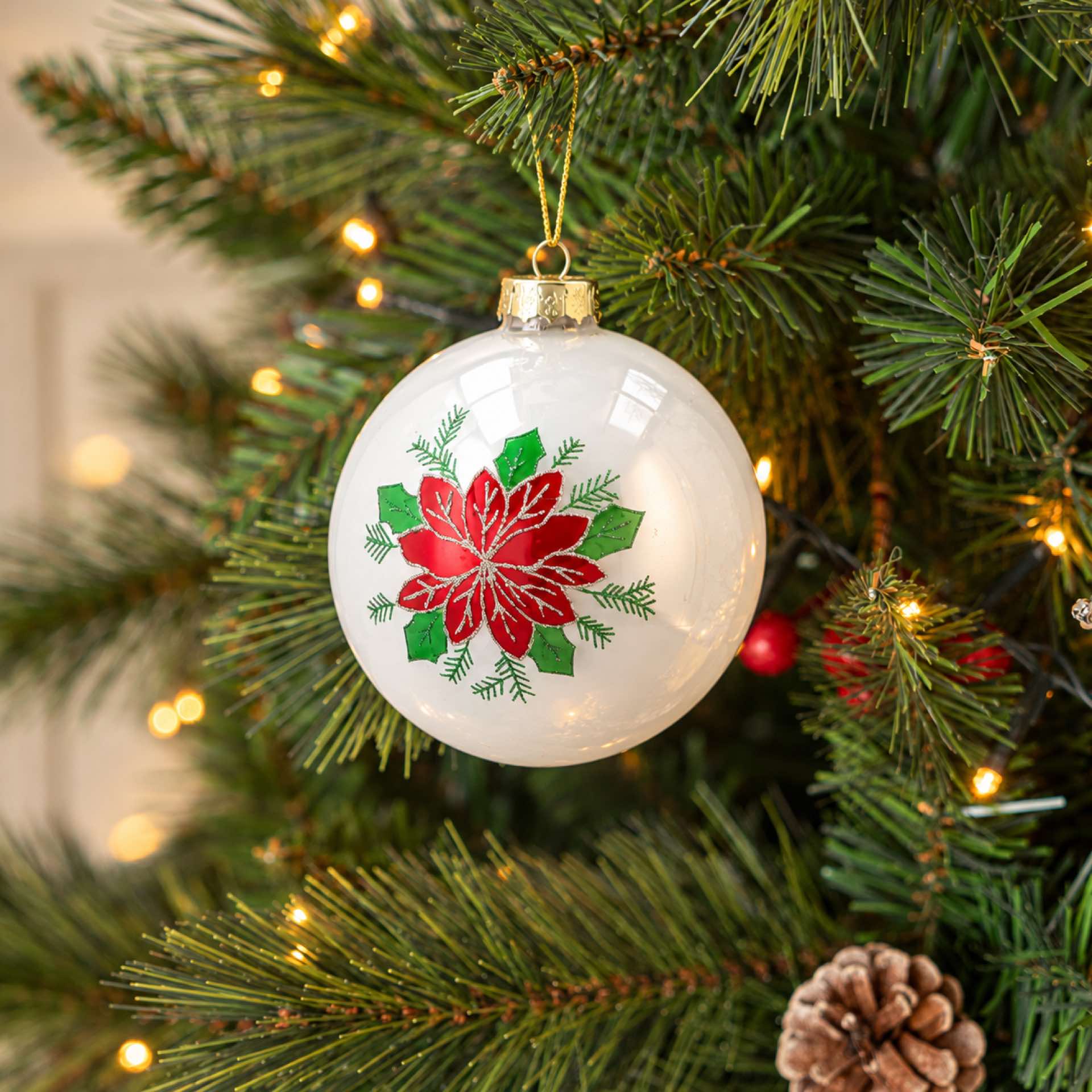 Bola de Navidad blanca de cristal con flor de Pascua &Oslash;8cm