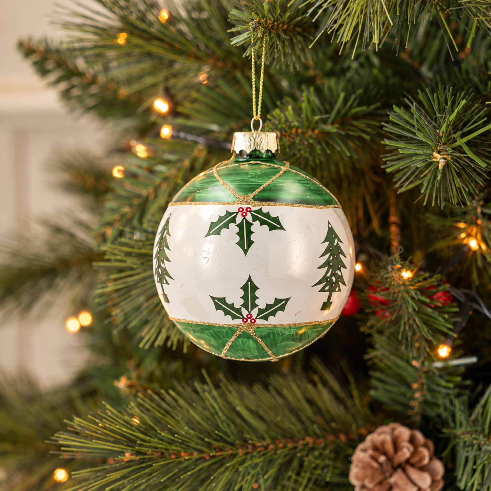 Bola de Navidad blanca y verde de cristal &Oslash;8cm