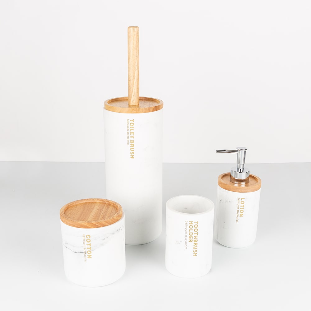 Dispensador de jab&oacute;n de ba&ntilde;o pl&aacute;stico y madera Lea &Oslash;8x19cm