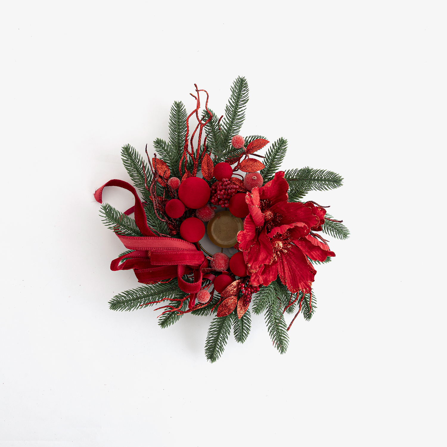 Portavelas de Navidad verde con flores rojas 30cm