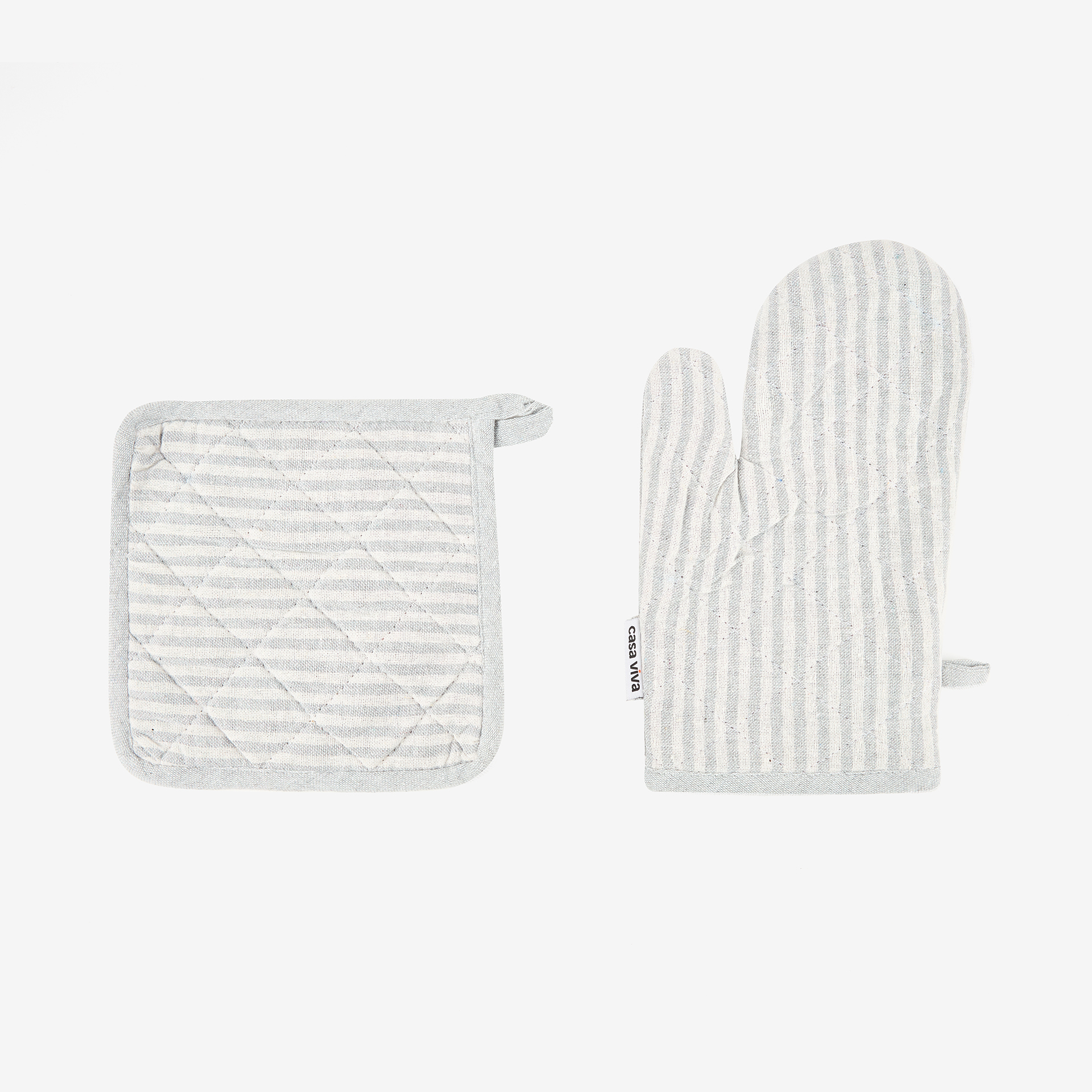 Set de manopla y agarradera de algodón con rayas grises