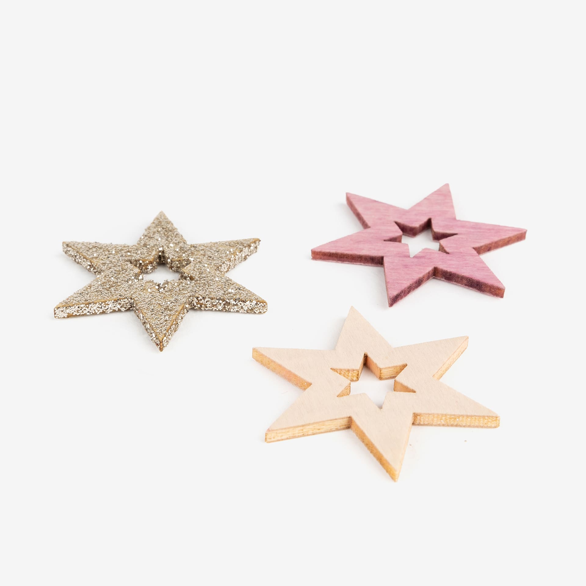 Set 48 estrellas decorativas de madera rosa y oro 4cm