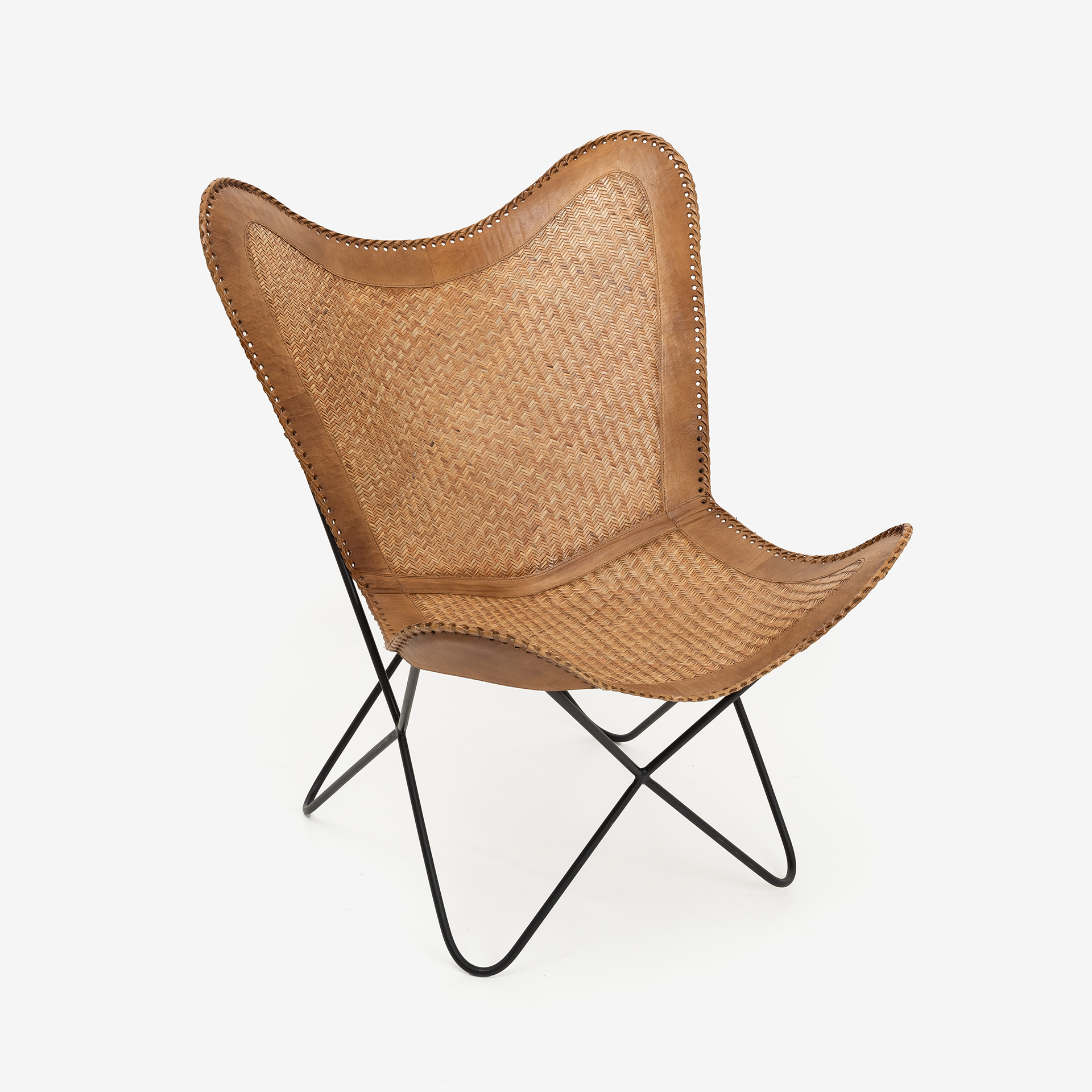 Silla mariposa de cuero y ratán marrón Katy 72x78x92cm