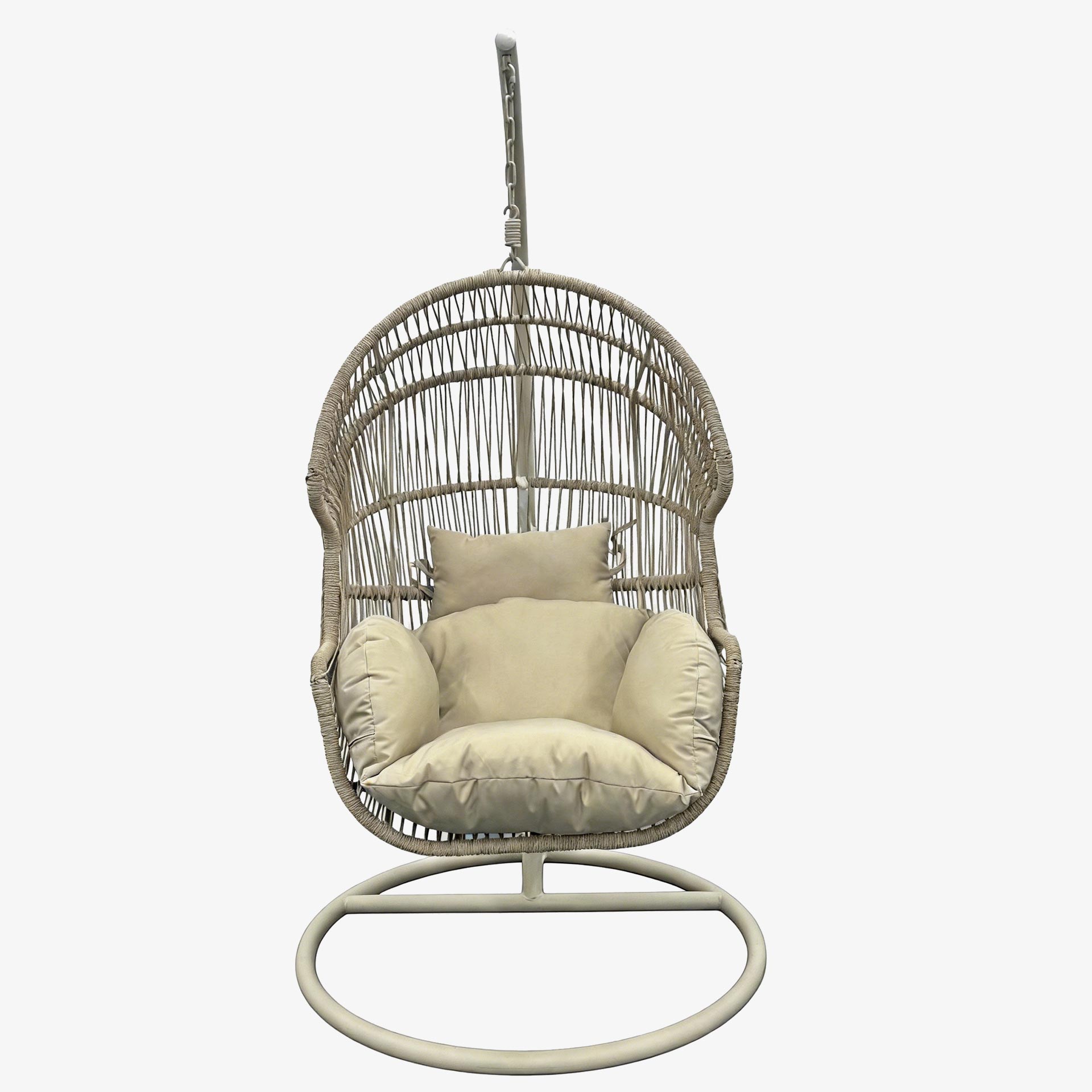 Sill&oacute;n colgante de jard&iacute;n con coj&iacute;n beige 