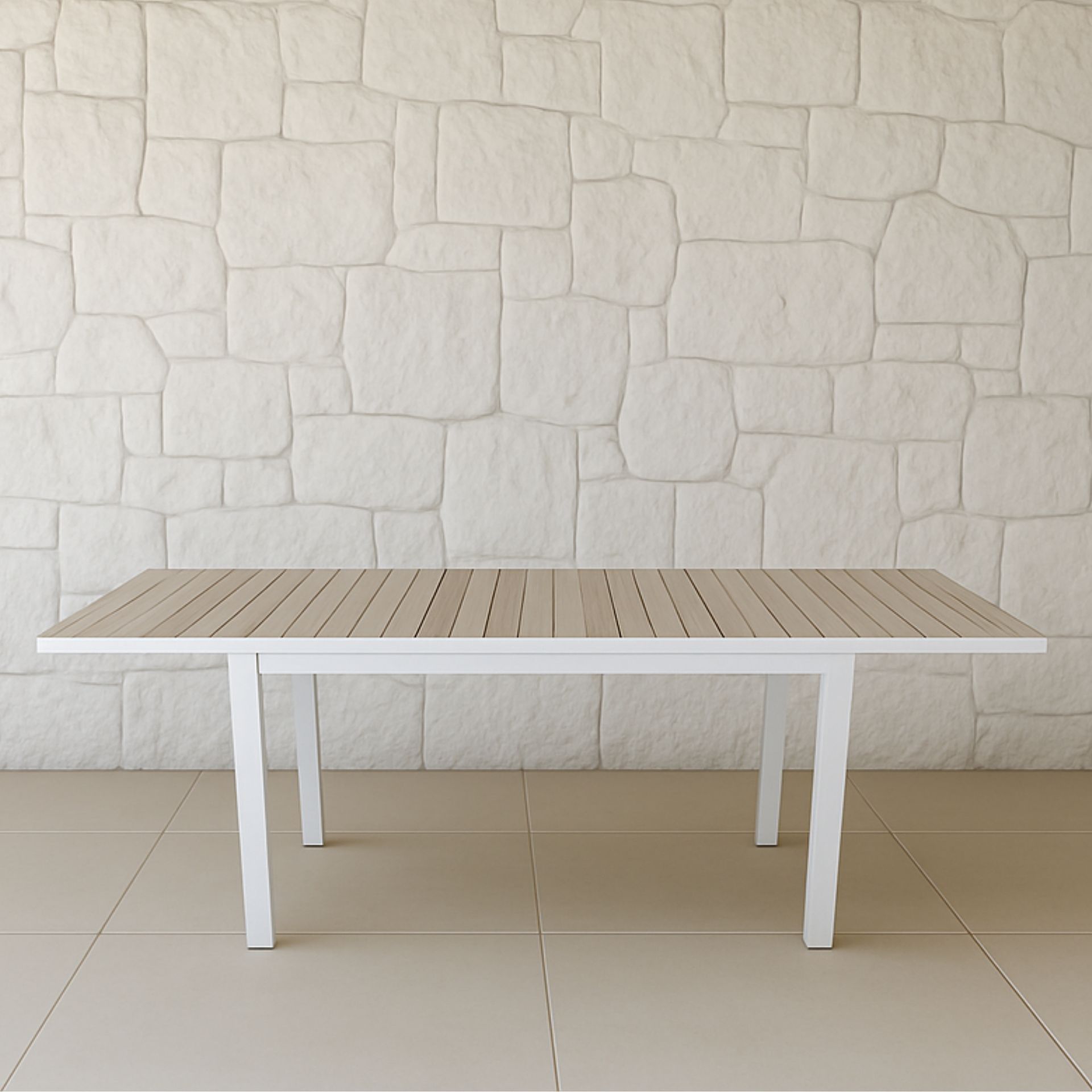 Mesa de jardín extensible de aluminio blanco con efecto madera Albir 135/270x90x76cm