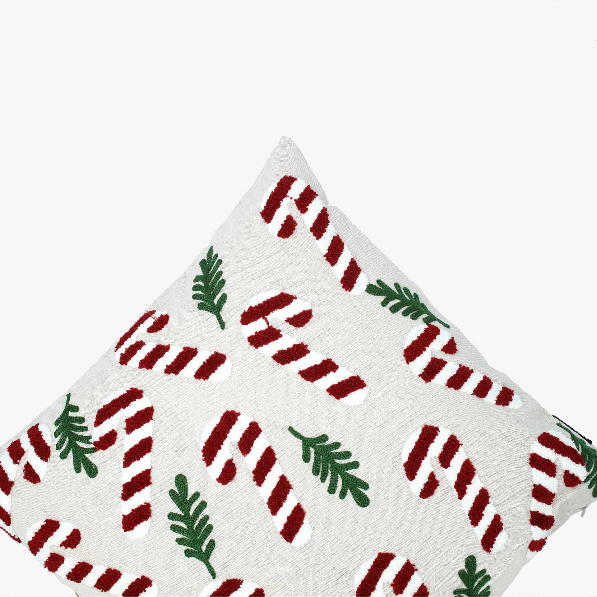 Funda de coj&iacute;n bastones de caramelo con acebo 45x45cm