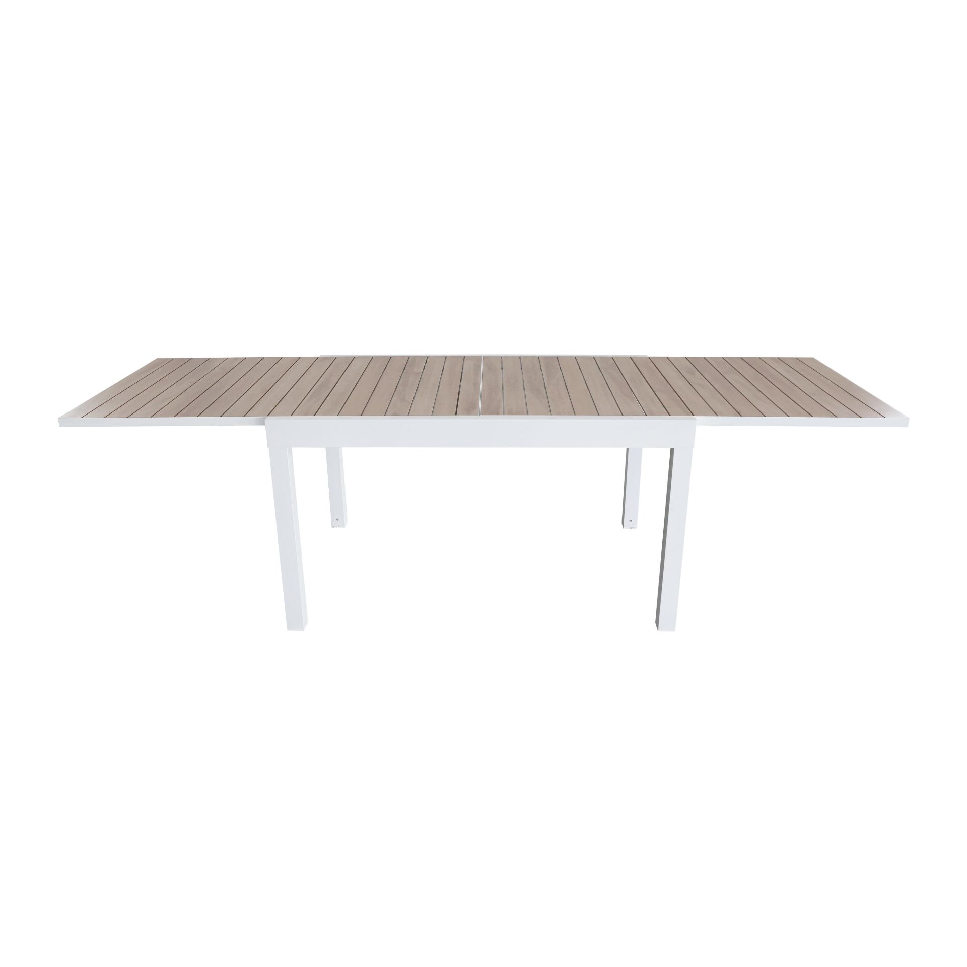 Mesa de jardín extensible de aluminio blanco con efecto madera Albir 135/270x90x76cm