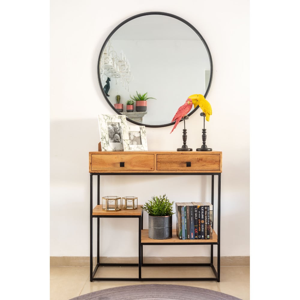 Consola de madera acacia con dos cajones y estantes Bremen 80x30x81cm