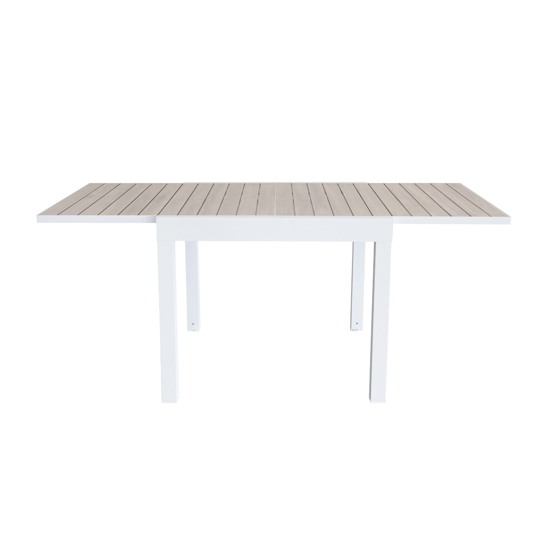 Mesa de jard&iacute;n extensible de aluminio blanco con efecto madera Albir 90/180x90x76cm