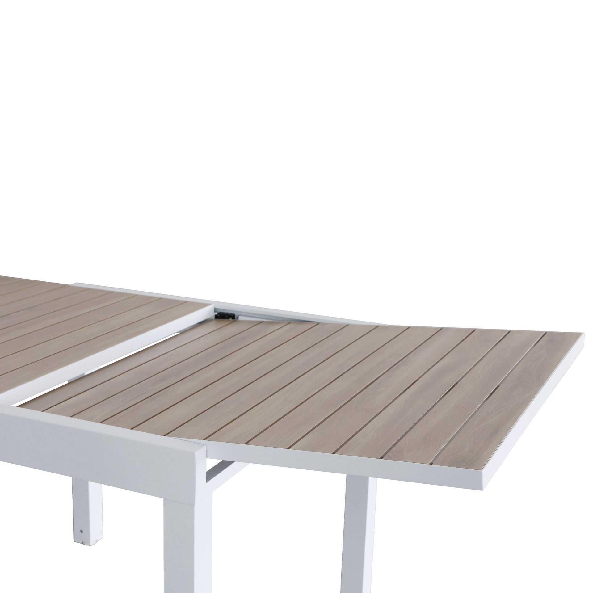 Mesa de jard&iacute;n extensible de aluminio blanco con efecto madera Albir 90/180x90x76cm