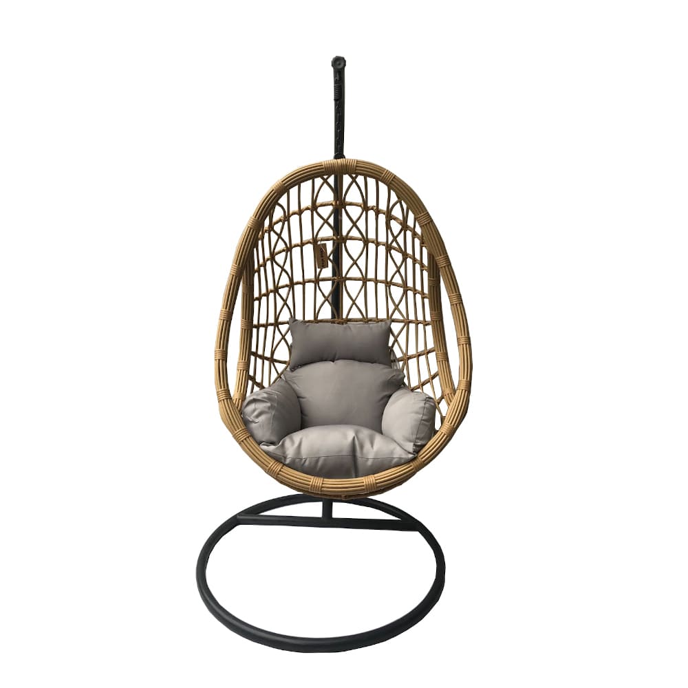 Sill&oacute;n colgante de rat&aacute;n sint&eacute;tico marr&oacute;n con coj&iacute;n gris Veran 105x105x195cm