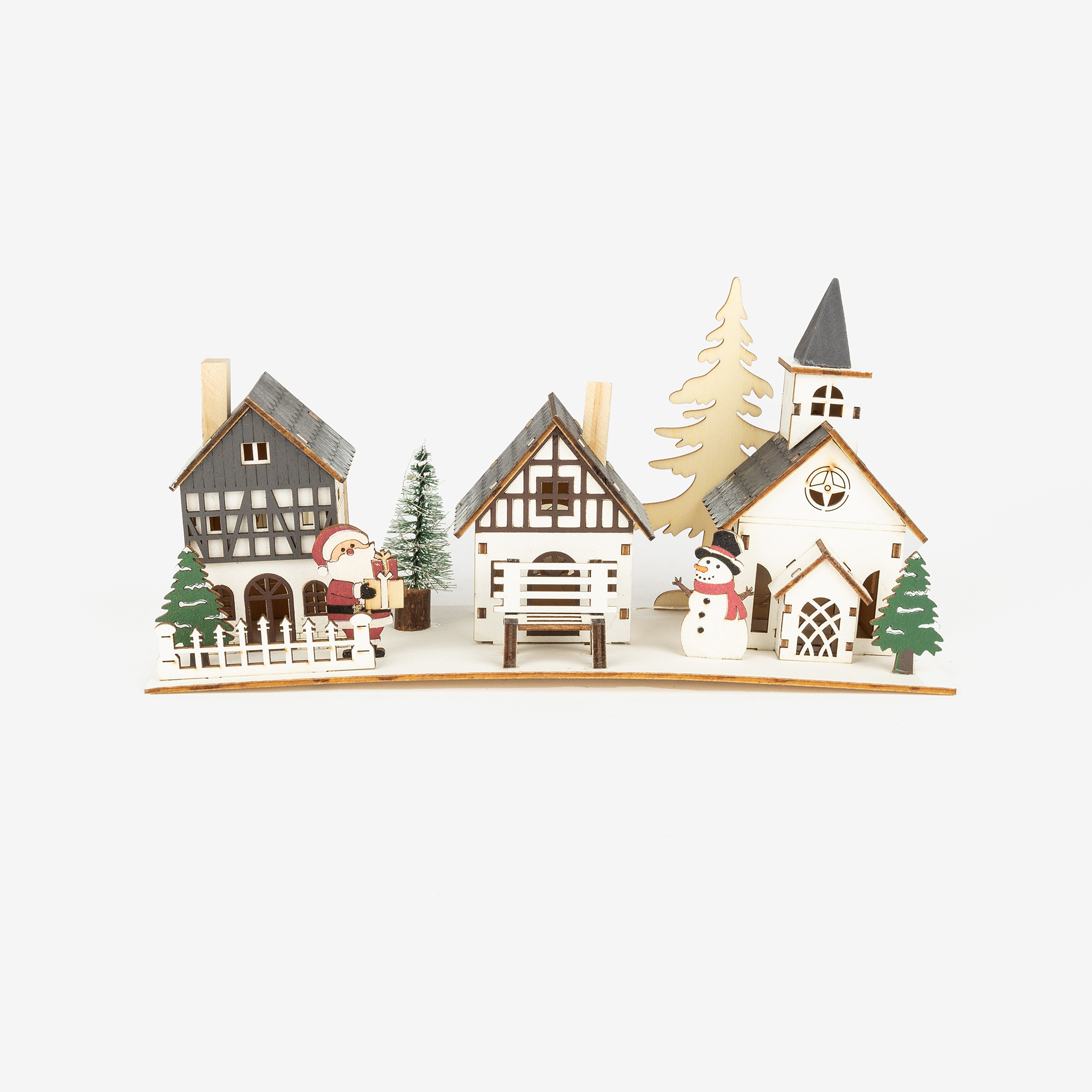 Figura decorativa de madera Pueblo con &aacute;rboles 28x9x13cm