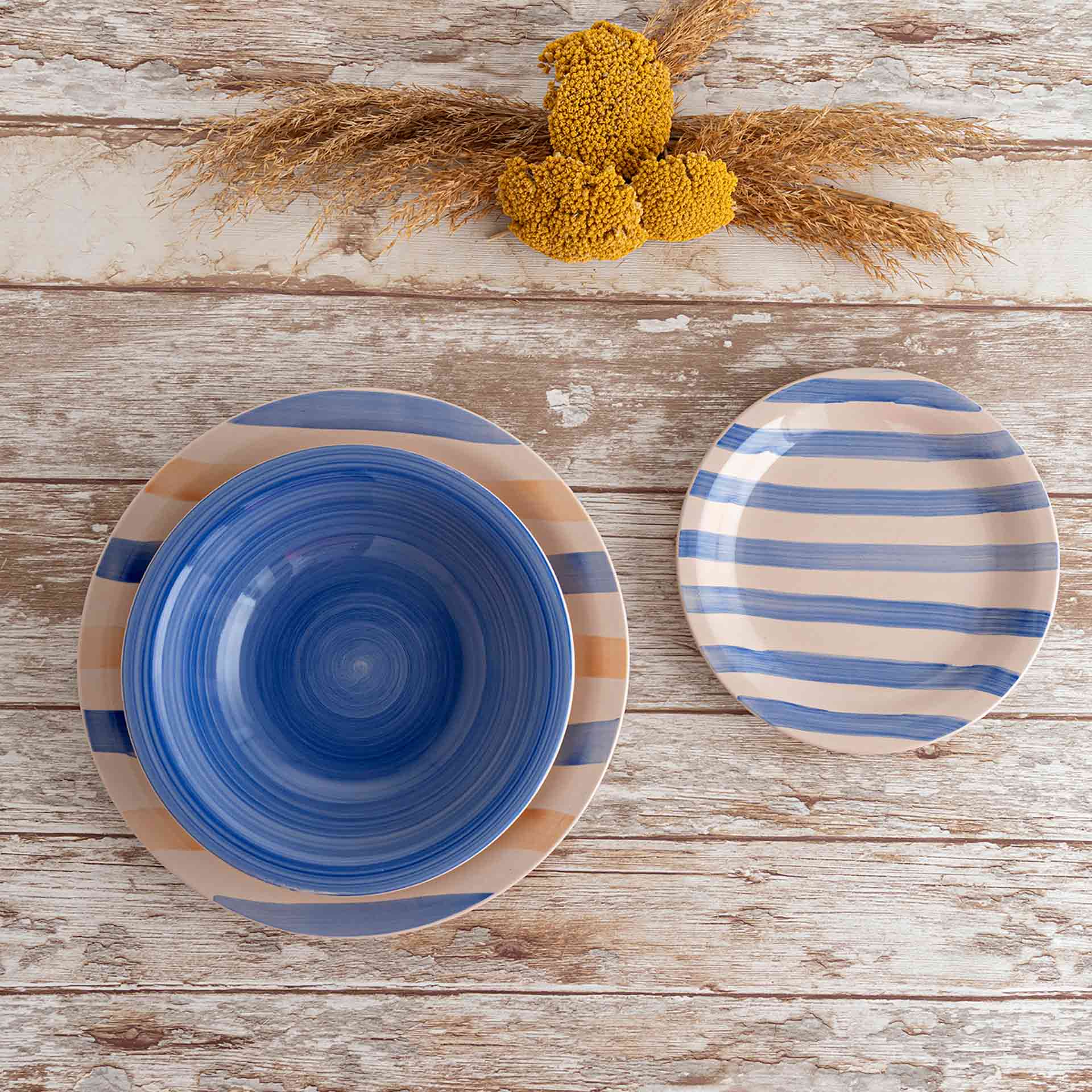 Vajilla de 18 piezas cer&aacute;mica azul y beige Aegea