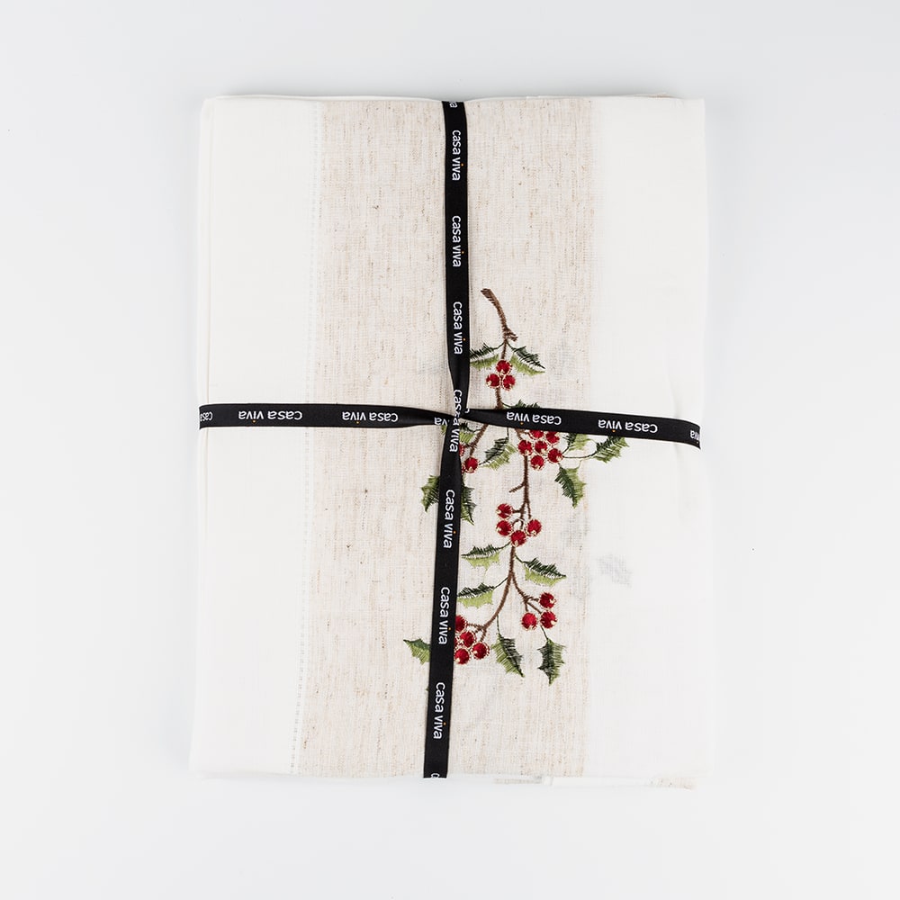 Mantel de Navidad blanco bordado Mu&eacute;rdago 150x300cm