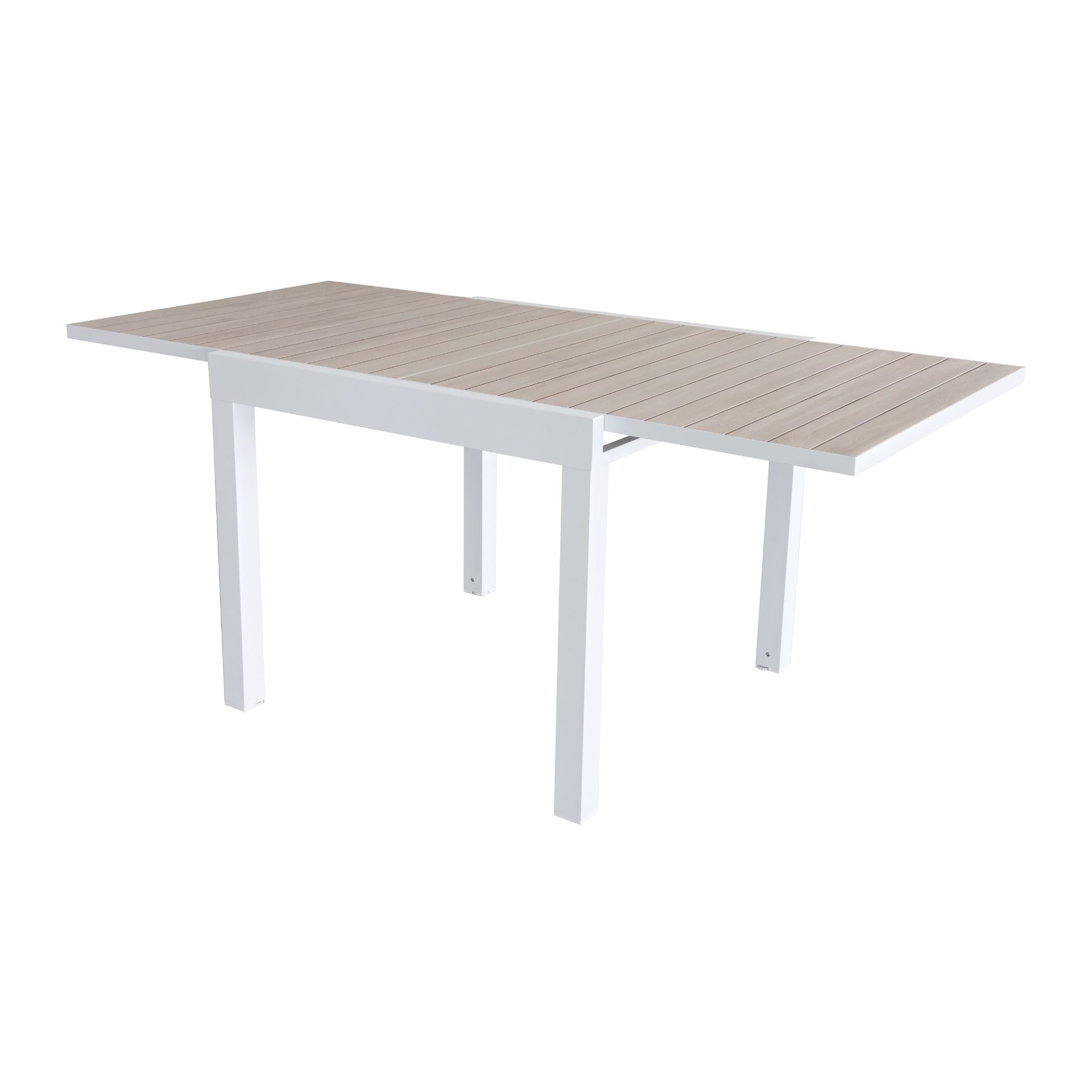 Mesa de jard&iacute;n extensible de aluminio blanco con efecto madera Albir 90/180x90x76cm