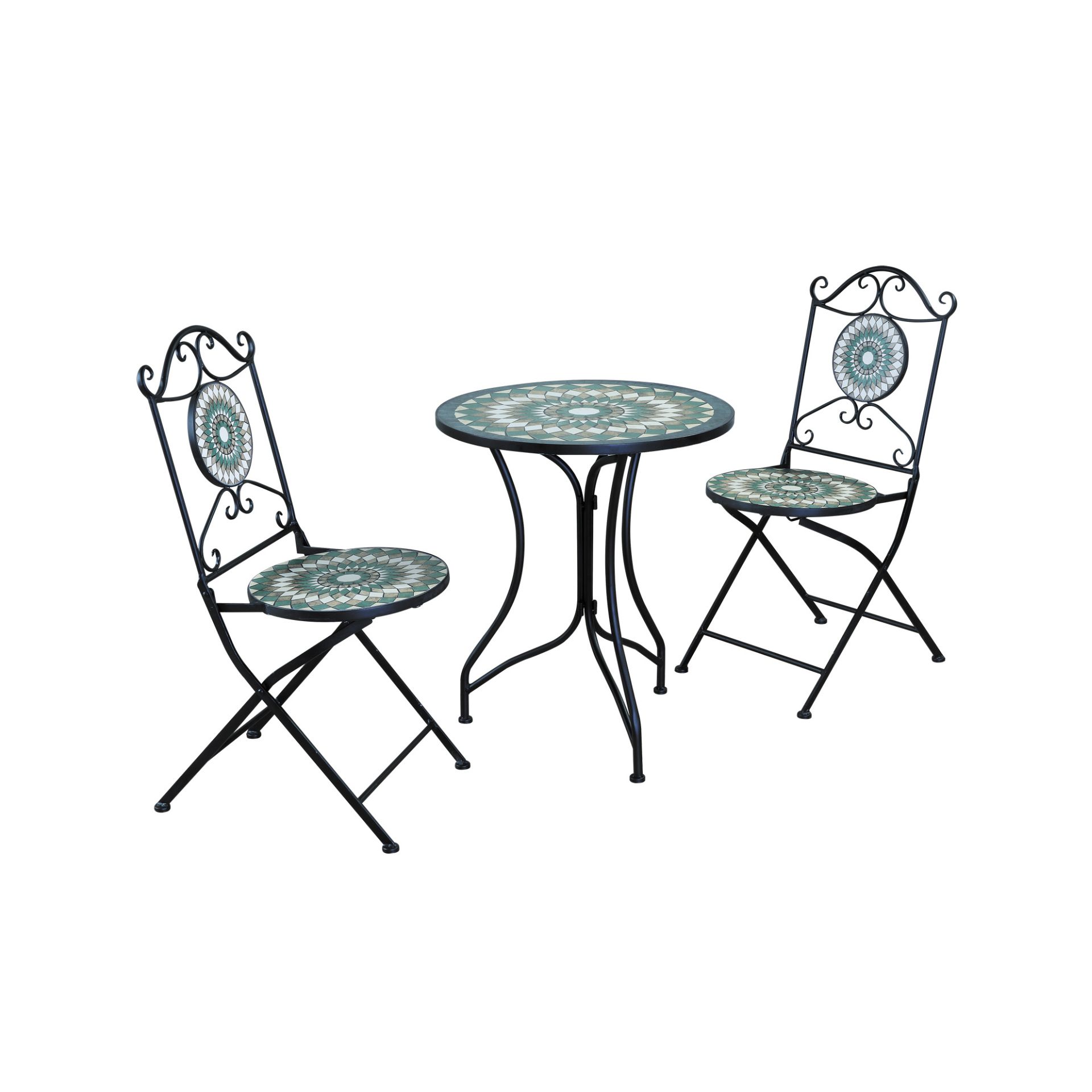 Set de jard&iacute;n de mesa y 2 sillas de metal y cer&aacute;mica Mosaico Green &Oslash;60cm