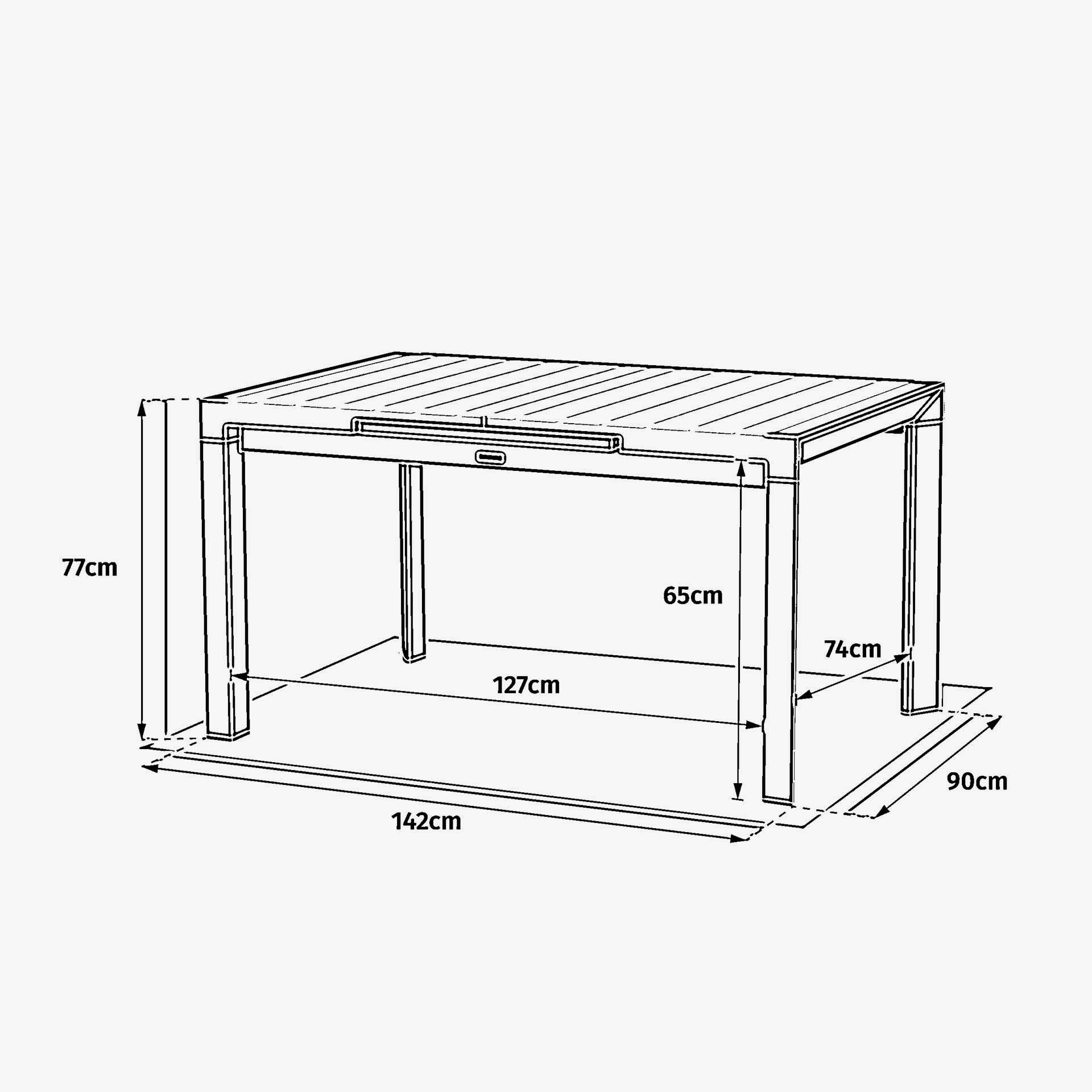 Mesa de comedor de jard&iacute;n extensible de aluminio efecto madera lino Evora 142x90x77cm