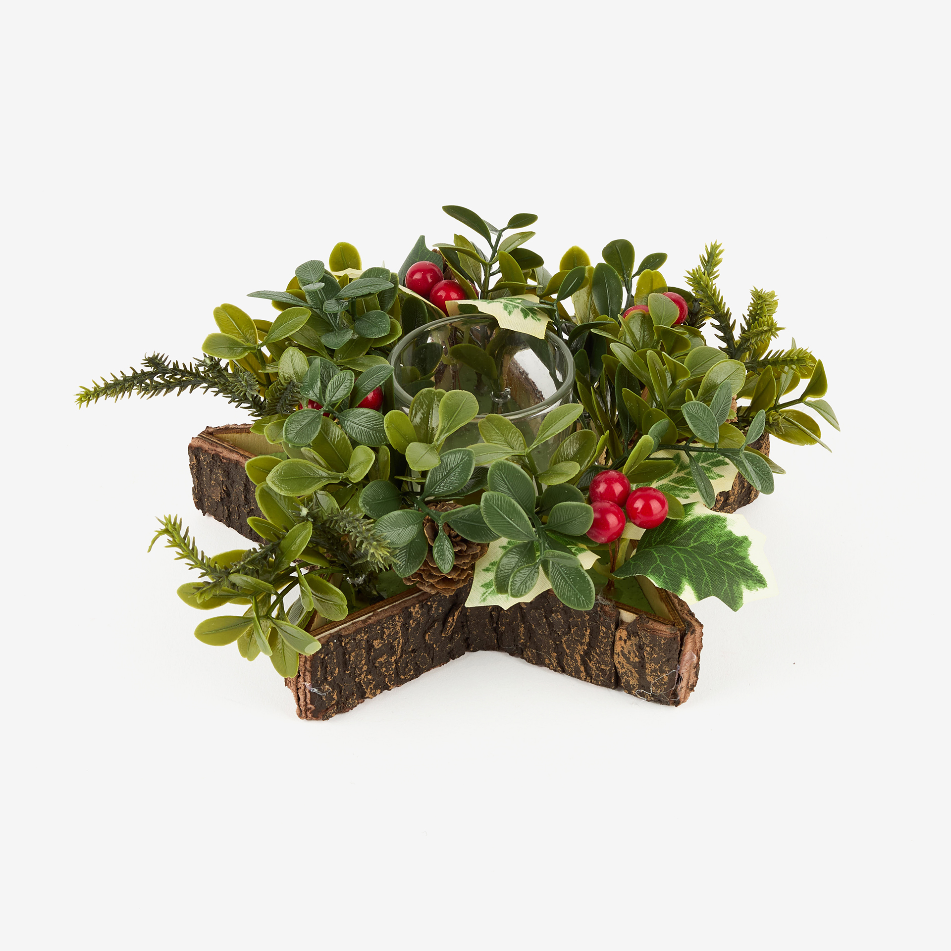 Portavelas de acebo y piñas Ø18x8cm