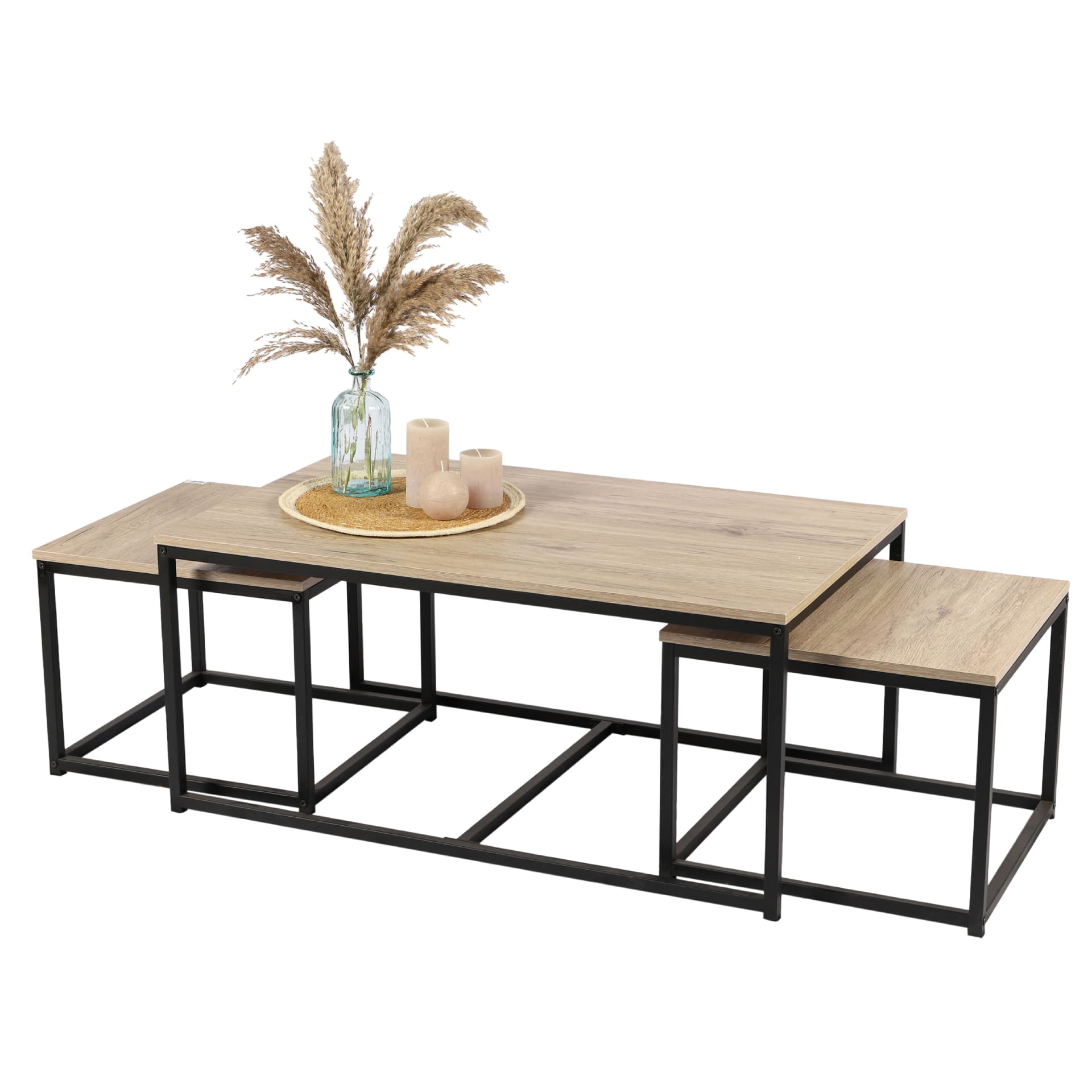 Set de 3 mesas auxiliares de aglomerado de madera MDF Madras 100x60x45cm y 2x 50x50x38cm