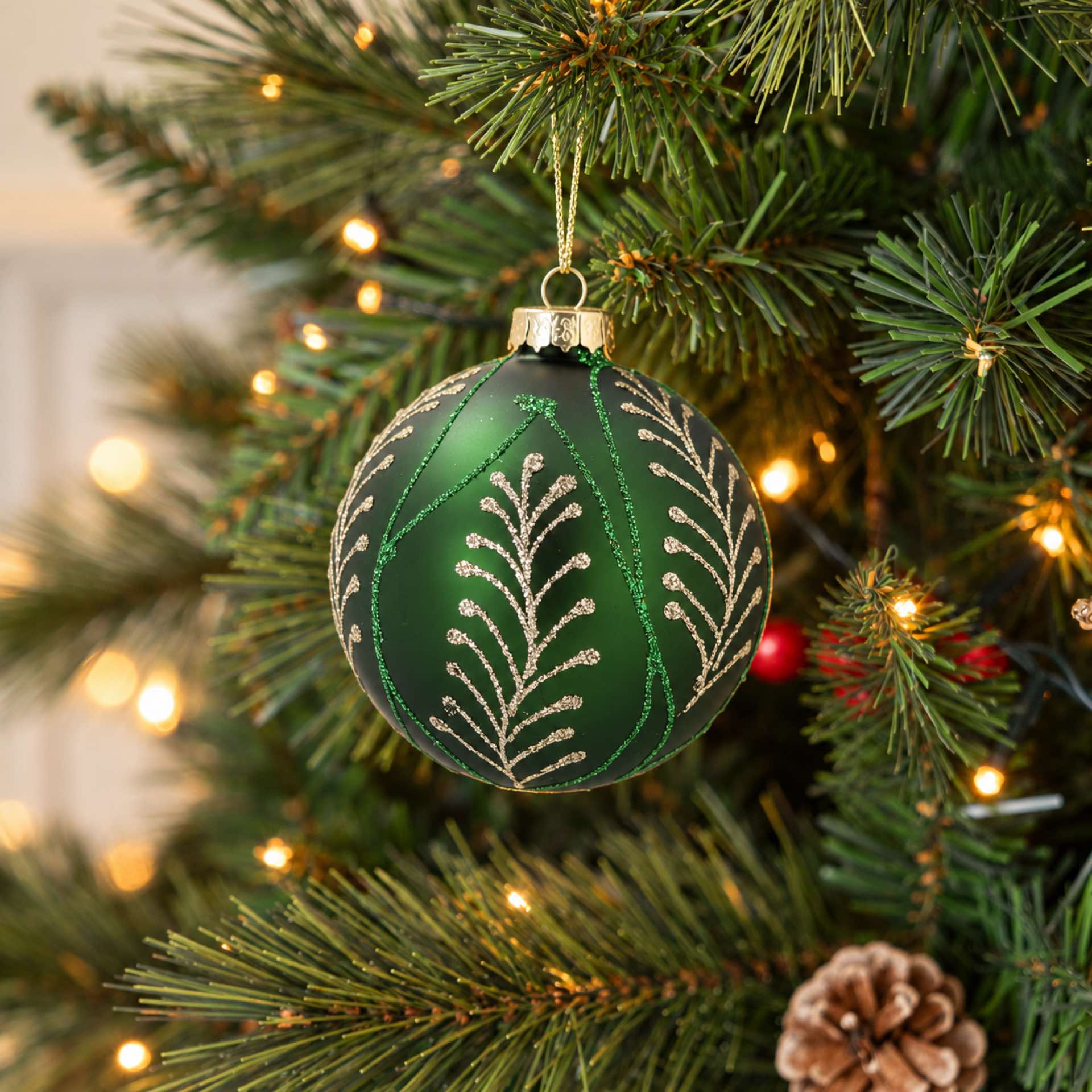 Bola de Navidad verde y plateada de cristal &Oslash;8cm
