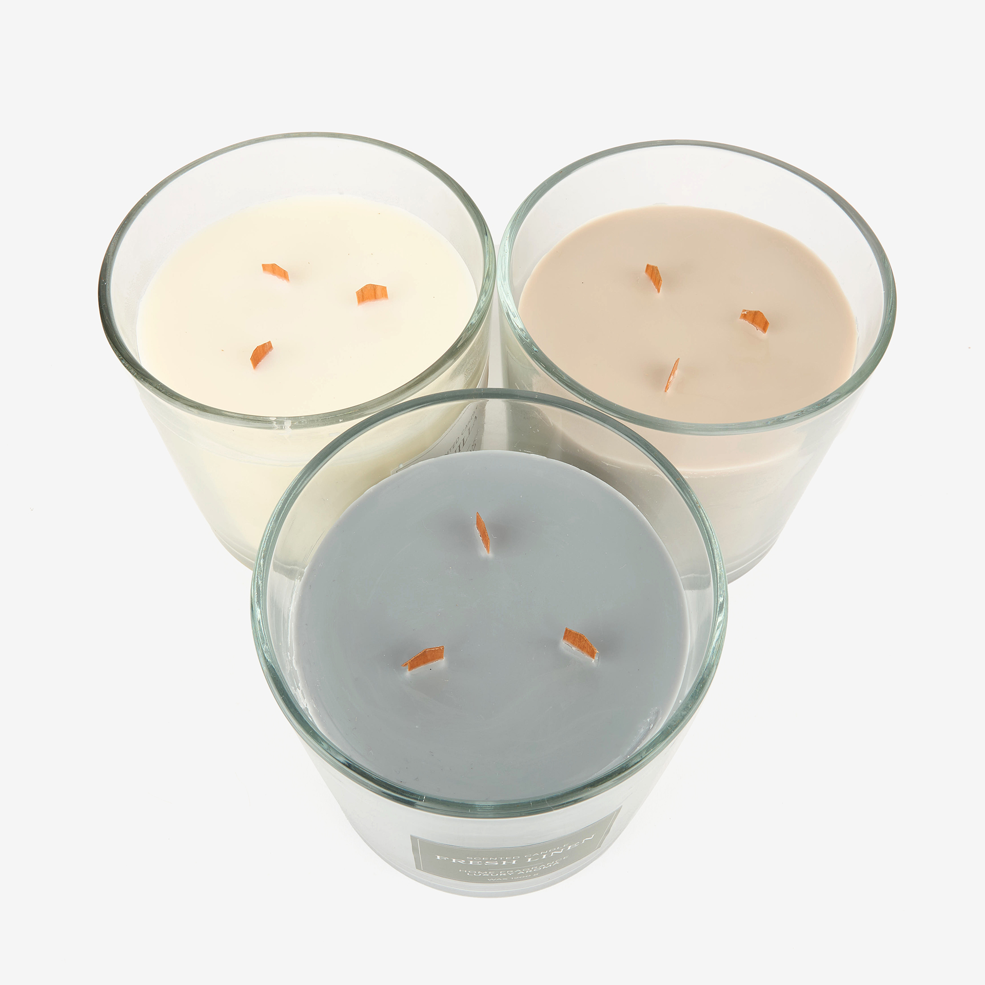 Vela aromática de tres mechas en vaso de cristal 15cm en varios modelos