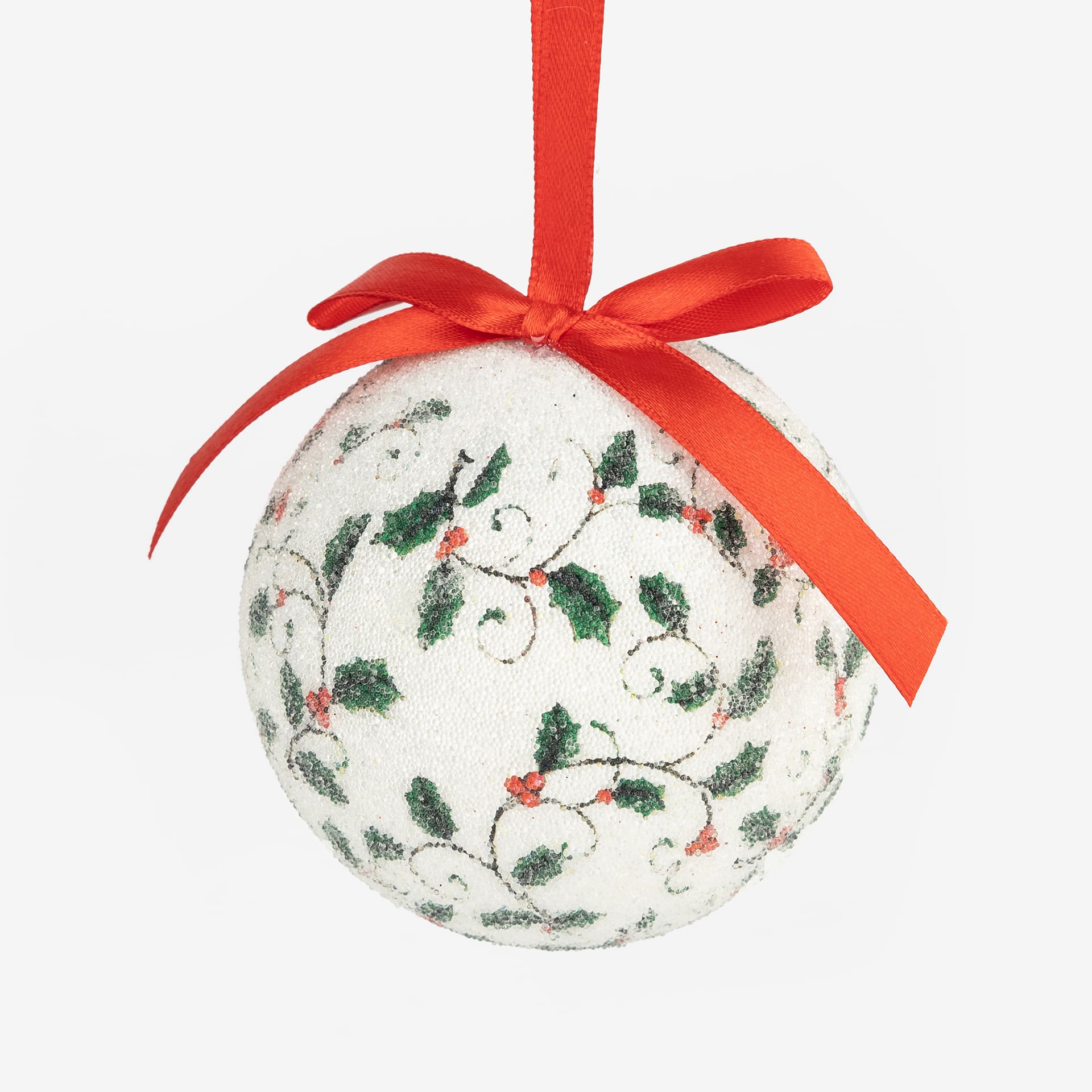 Set 6 bolas blancas de acebo con frutos rojos 7cm