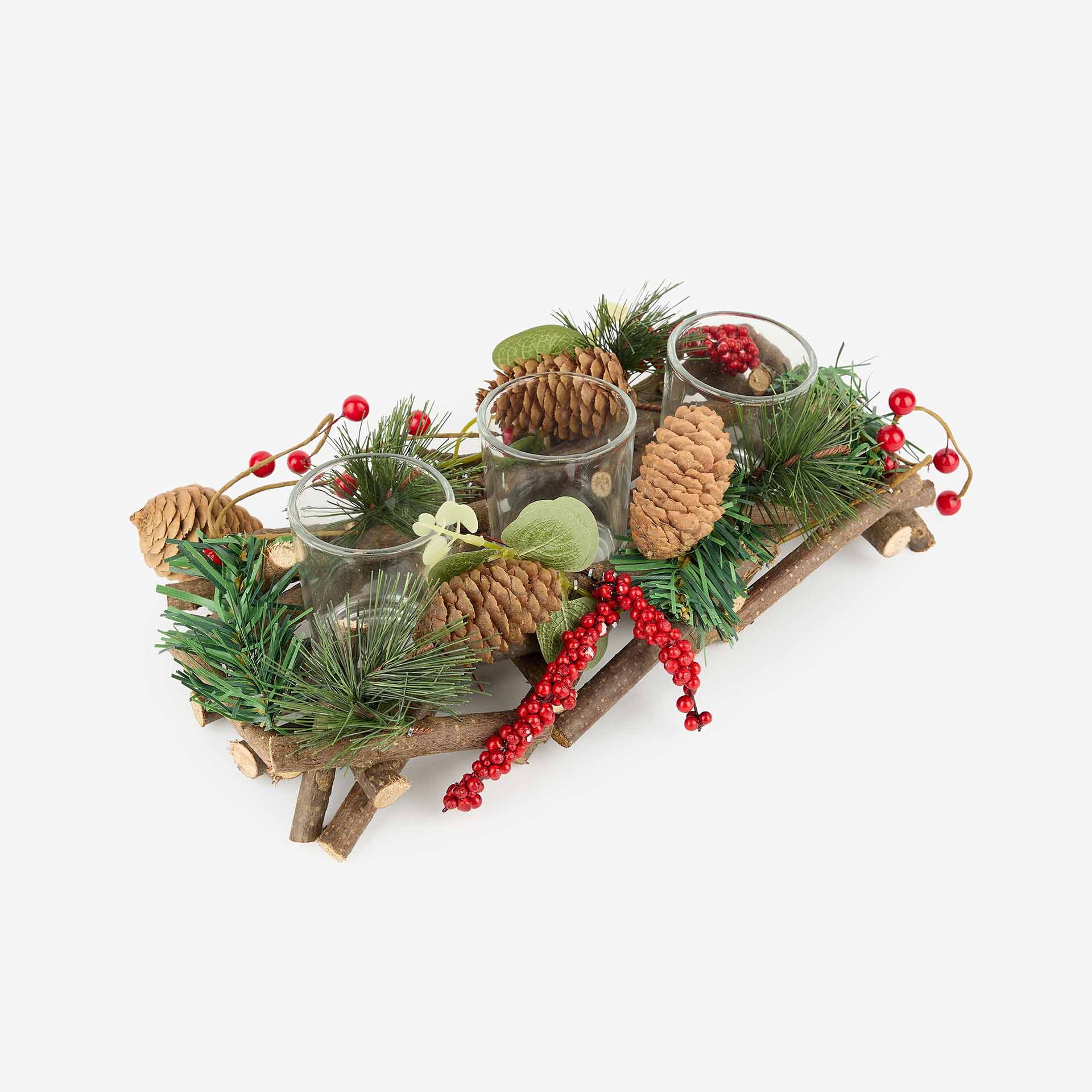 Centro de mesa con 3 portavelas bayas y piñas 29cm
