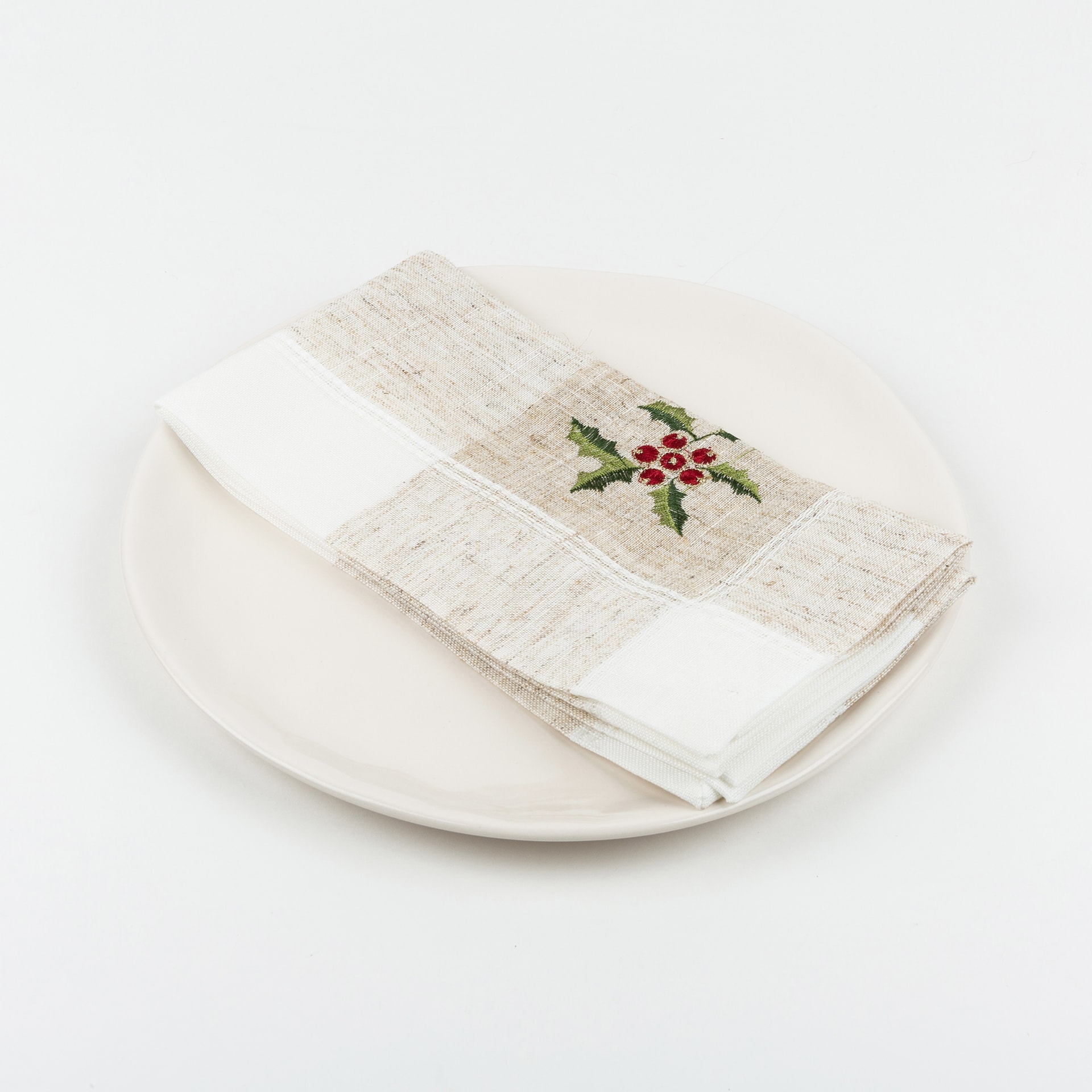 Servilleta blanca bordado Muérdago 45x45cm