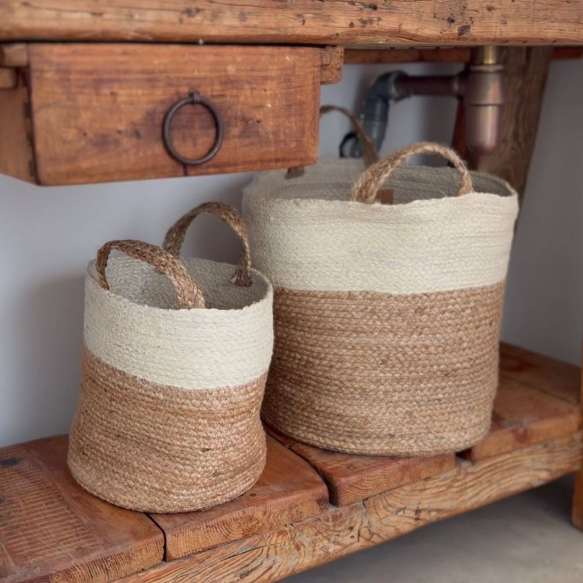 Cesta de yute blanca y natural Vide Ø30x28cm