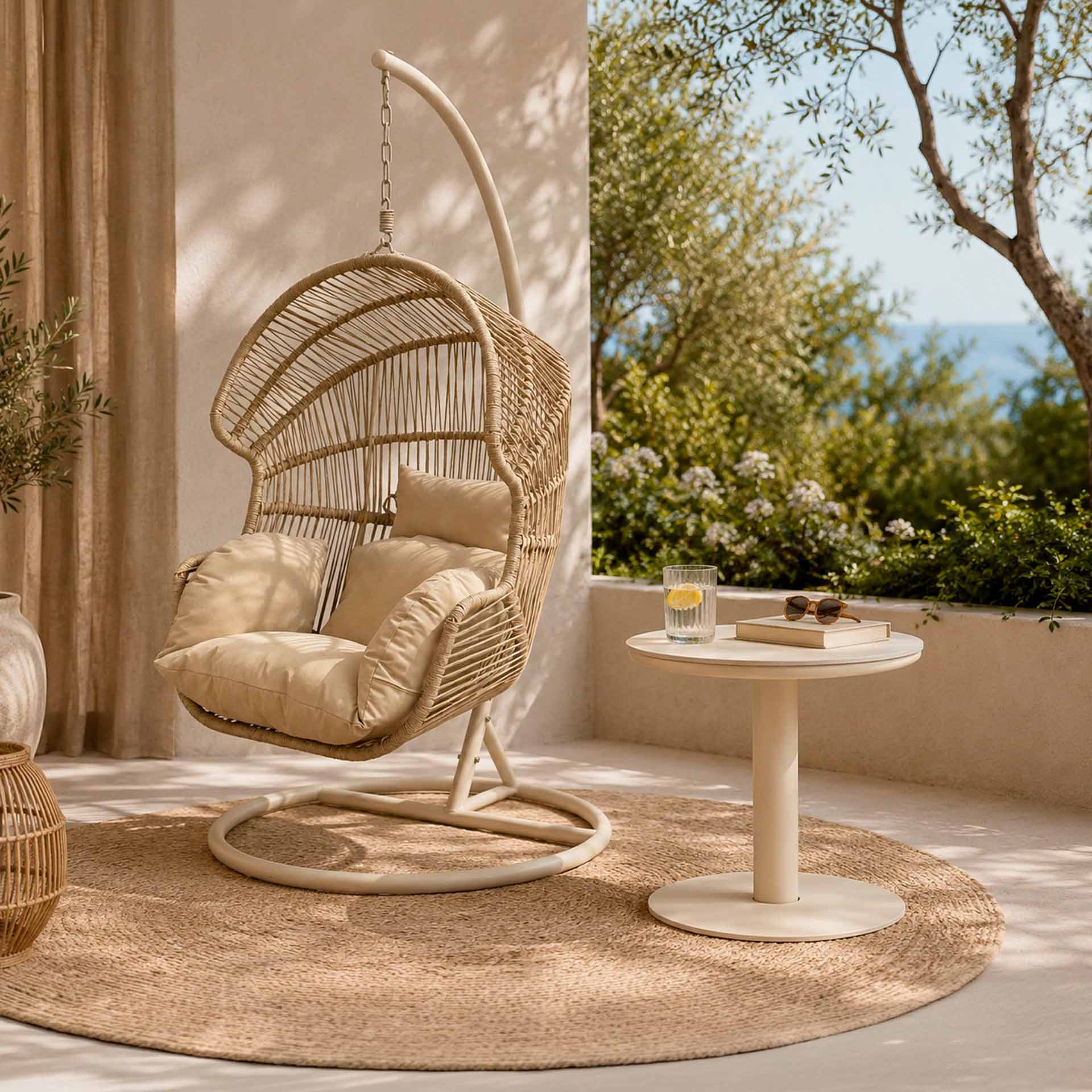 Sill&oacute;n colgante de jard&iacute;n con coj&iacute;n beige 