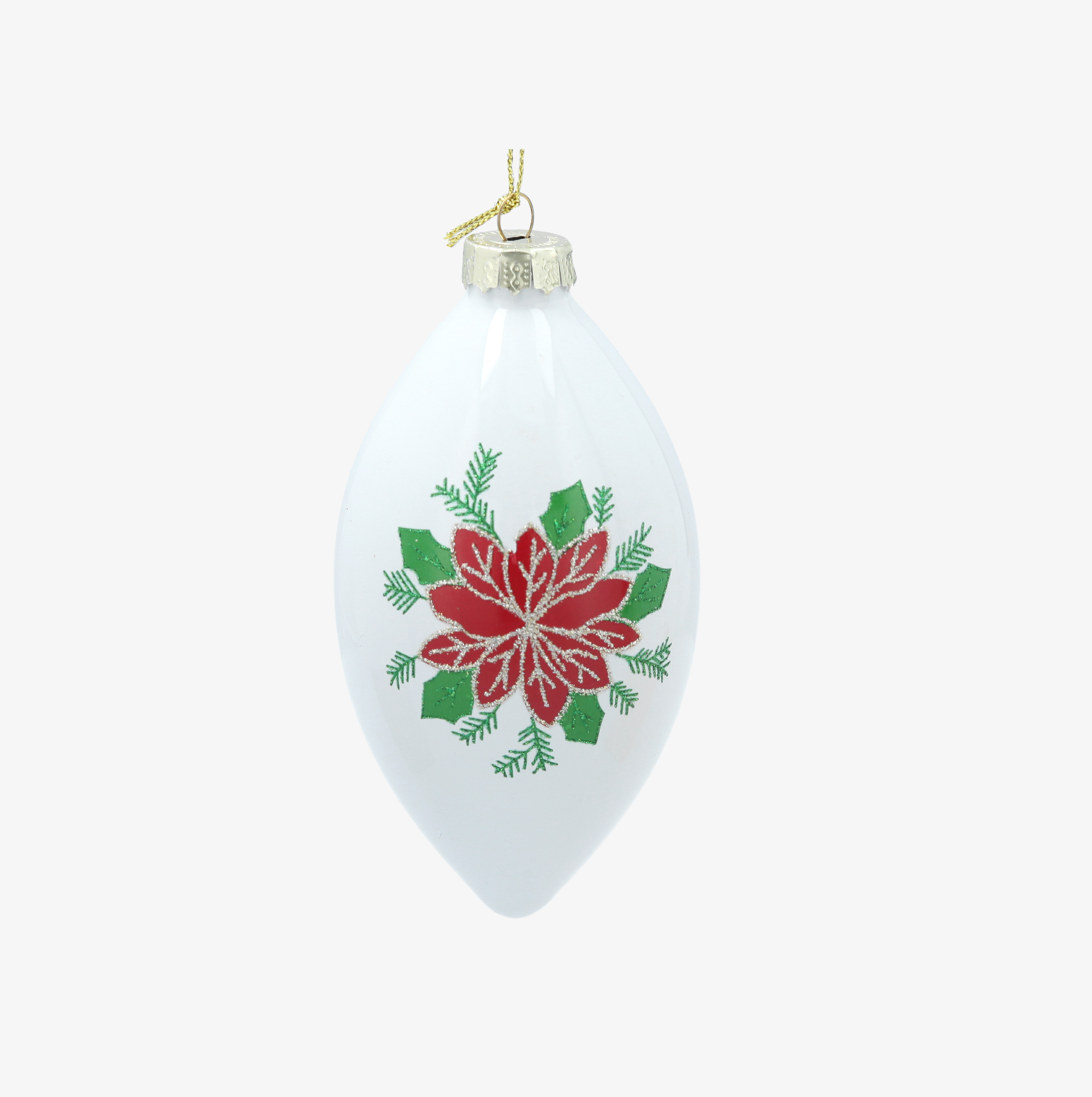 Bola de Navidad de l&aacute;grima blanca de cristal con flor de Pascua 10cm