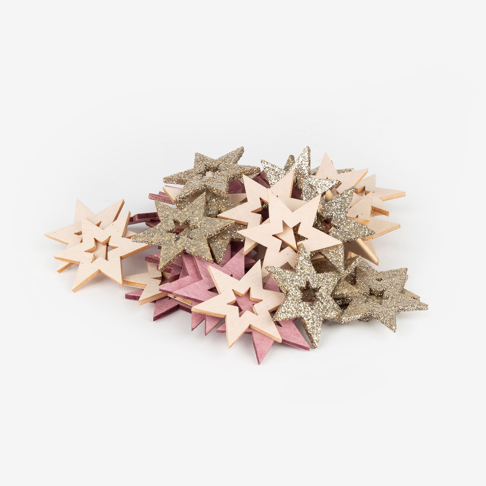 Set 48 estrellas decorativas de madera rosa y oro 4cm