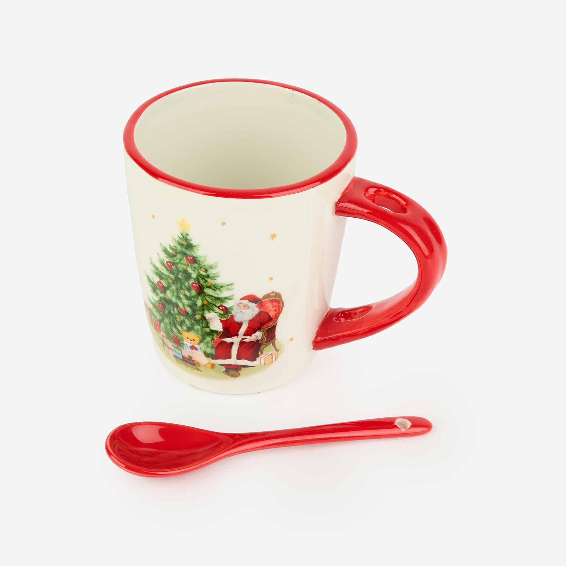 Mug de cerámica con cuchara Santa Claus con árbol