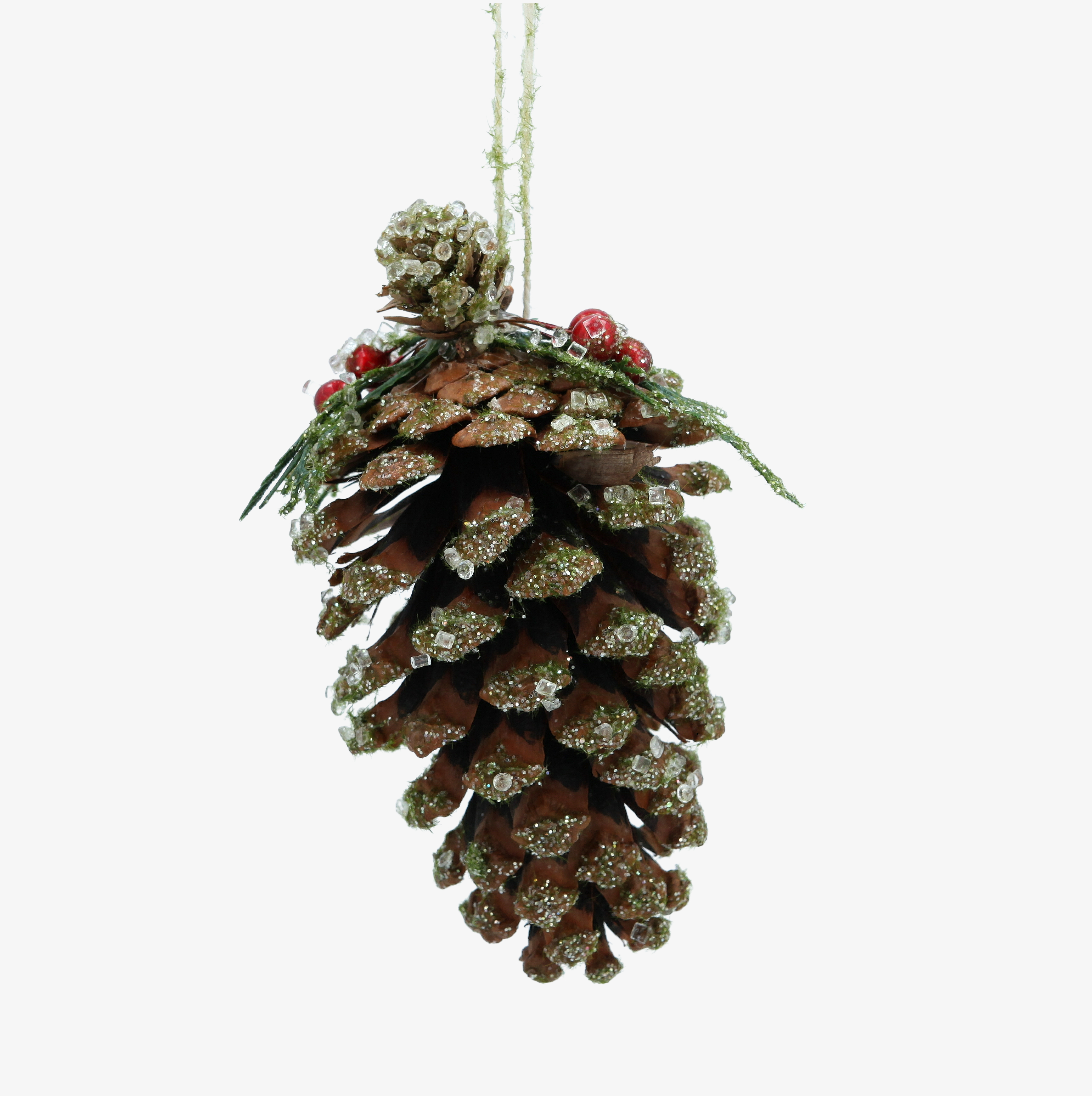 Colgante de pi&ntilde;a natural con purpurina verde 16cm