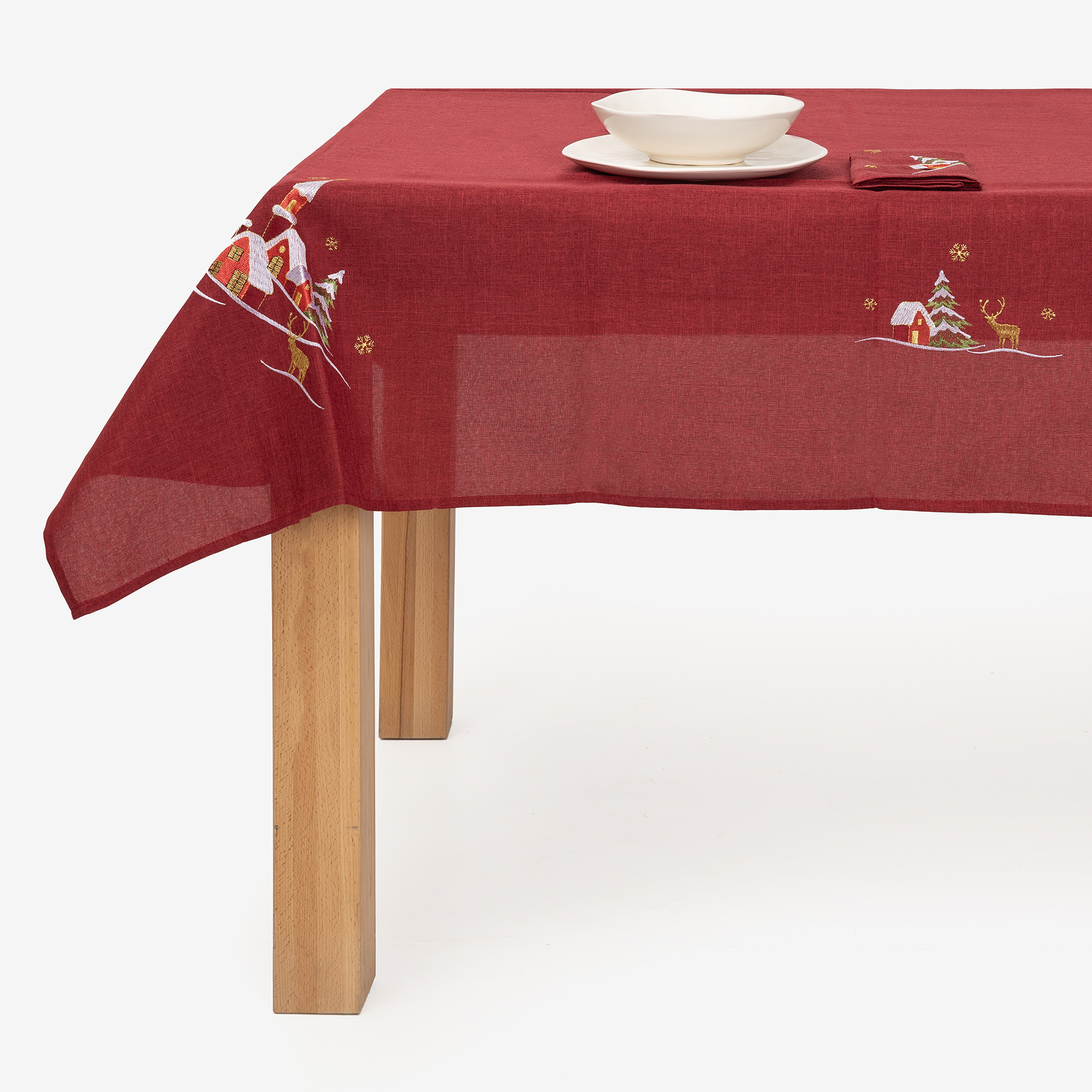 Mantel rojo con bordado Pueblo Navidad 150x250cm