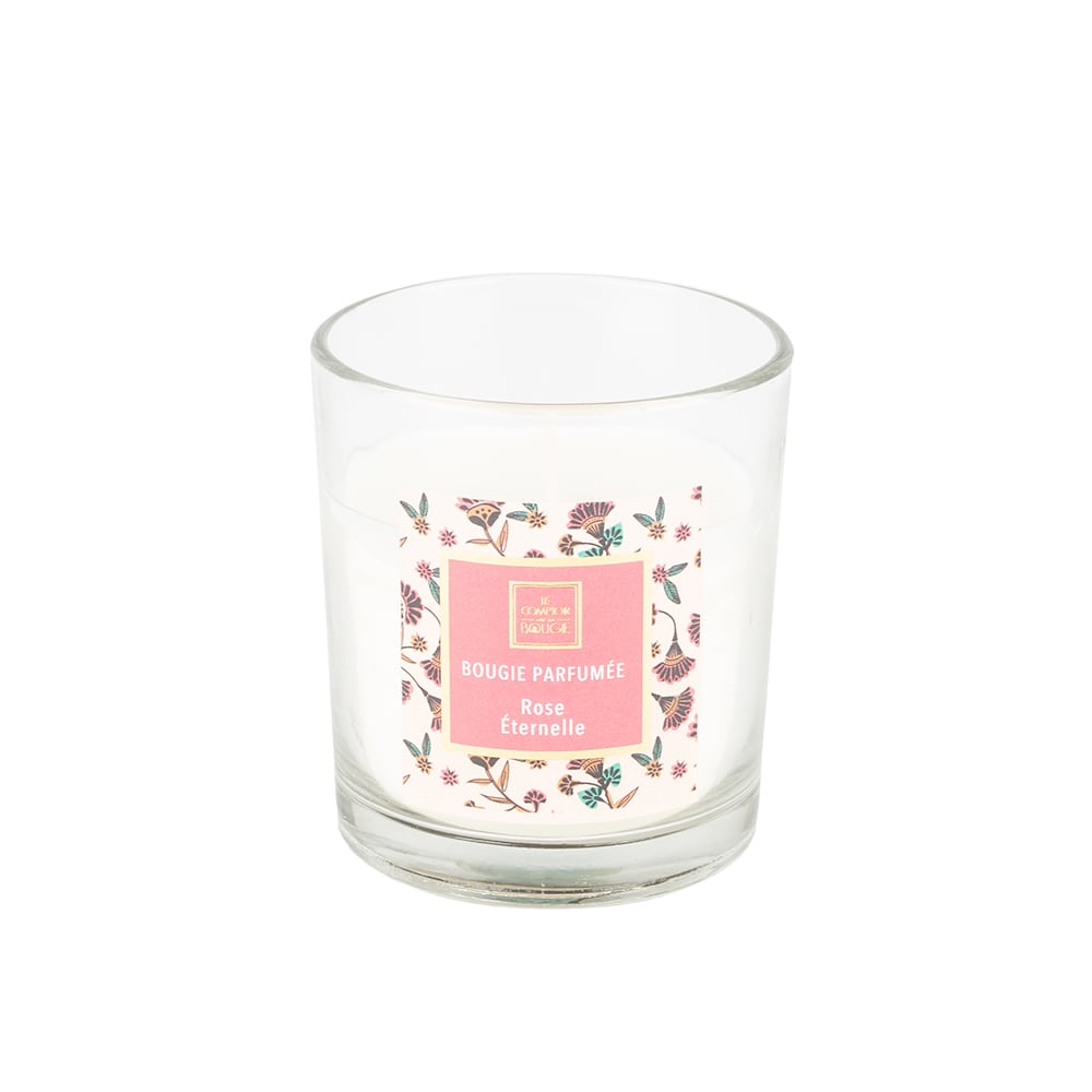 Vela en vaso de cristal con aroma de rosa