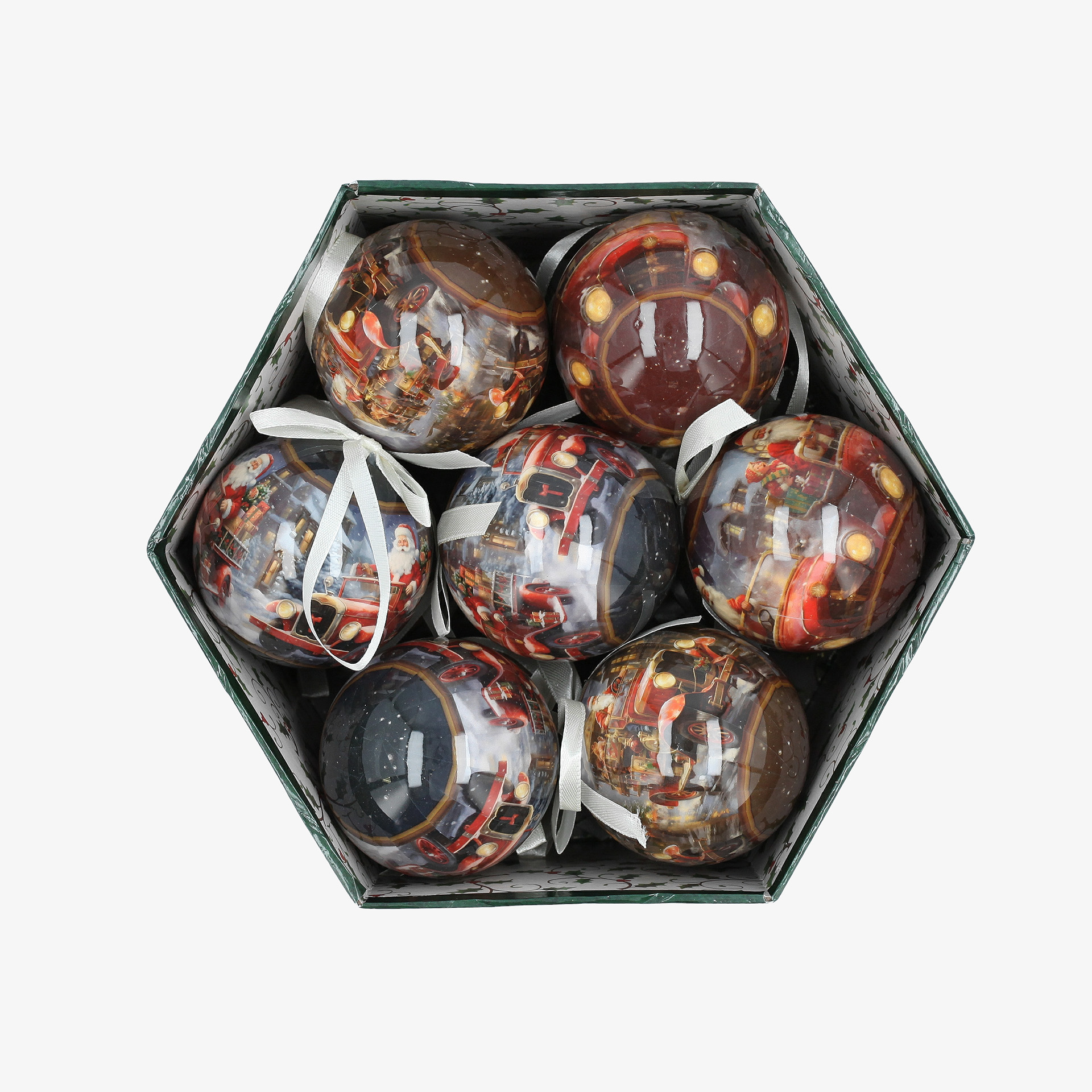 Set de 14 bolas de Navidad de Pap&aacute; Noel en coche &Oslash;7,5cm