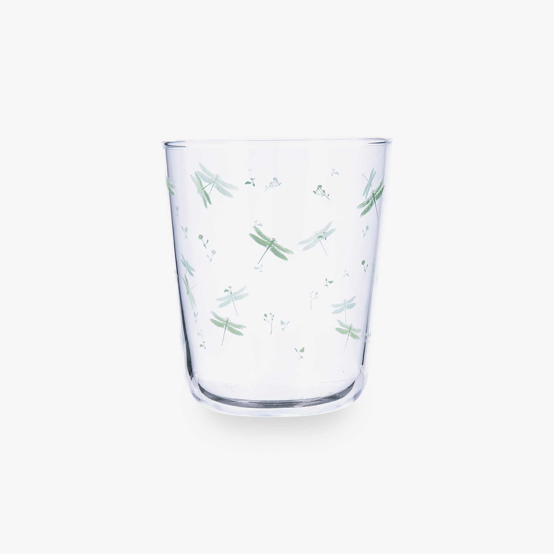 Vaso de vidrio transparente con lib&eacute;lulas verdes Suede 31cl