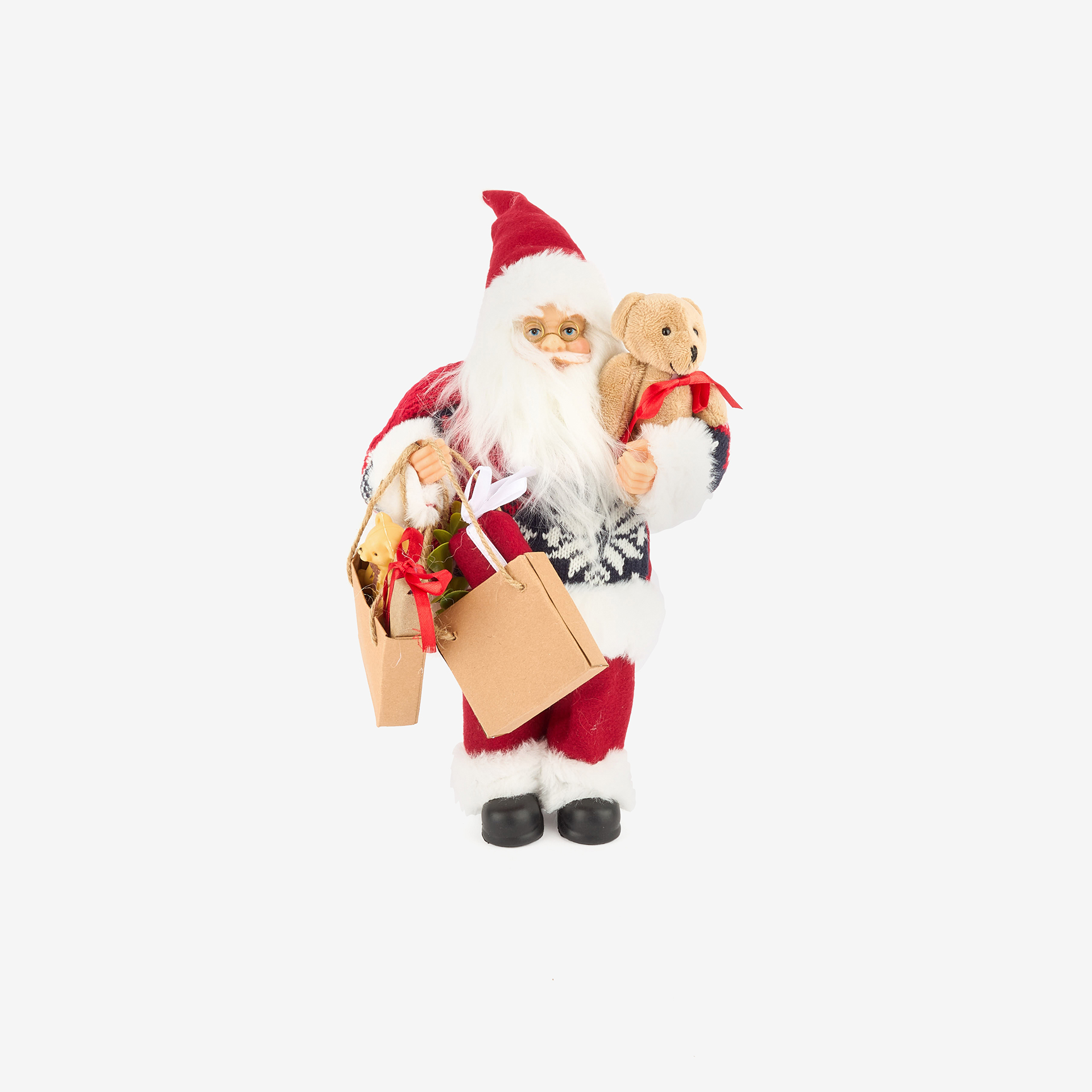 Figura decorativa Santa Claus con bolsa regalos y peluche 30cm