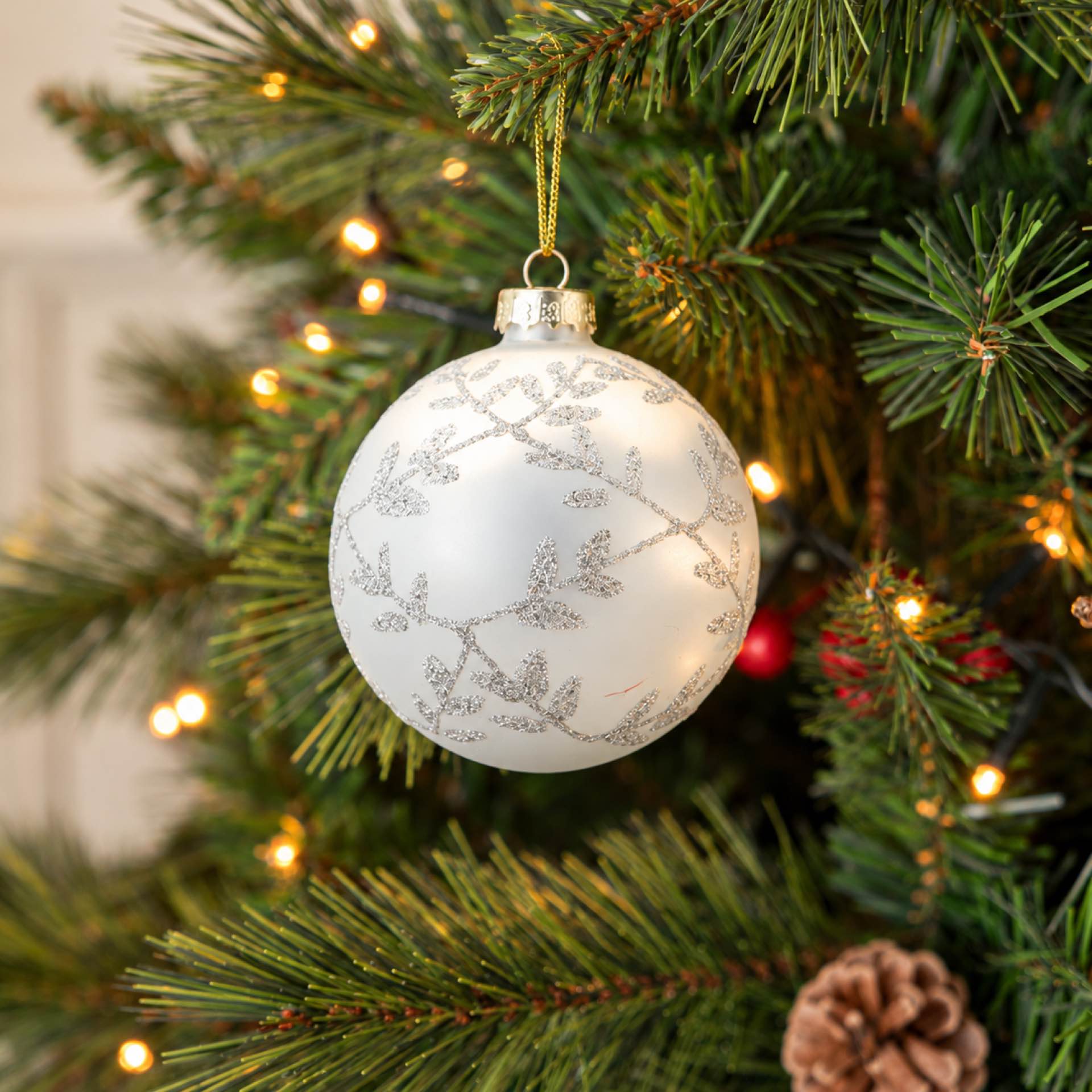 Bola de Navidad blanca y plateada de cristal &Oslash;8cm