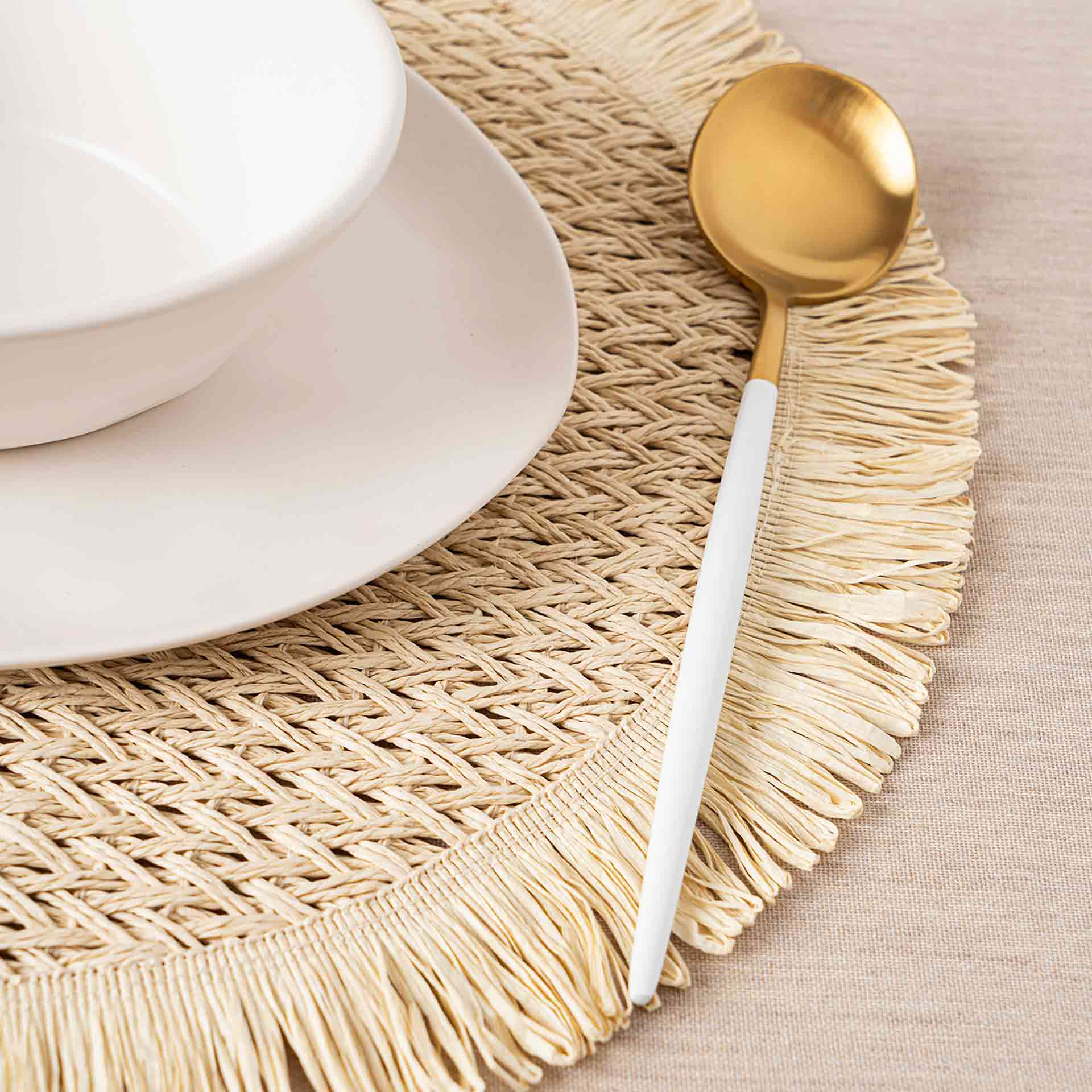 Mantel individual redondo con flecos beige Calma &Oslash;38cm 