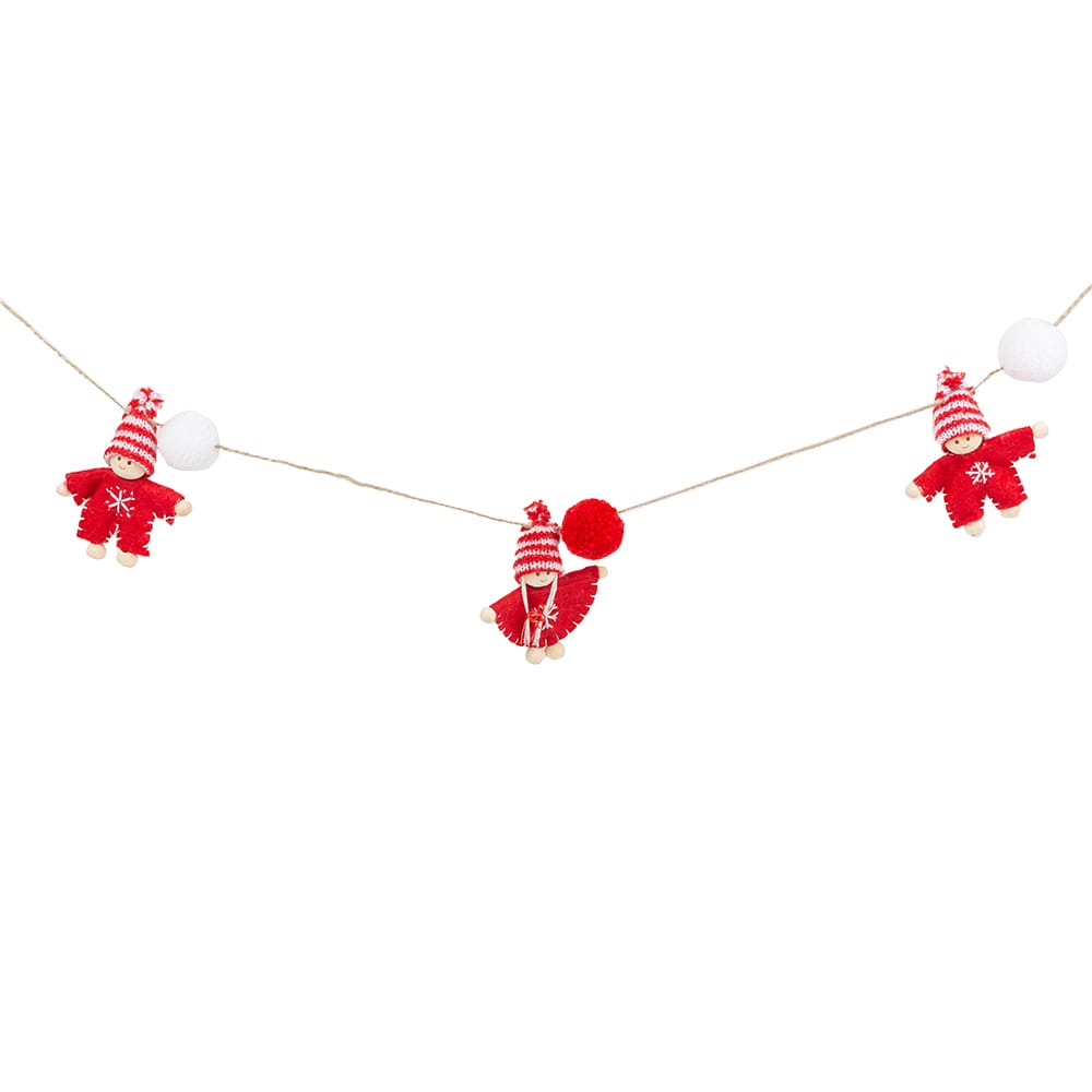 Guirnalda mu&ntilde;ecos de fieltro blanco y rojo 125cm