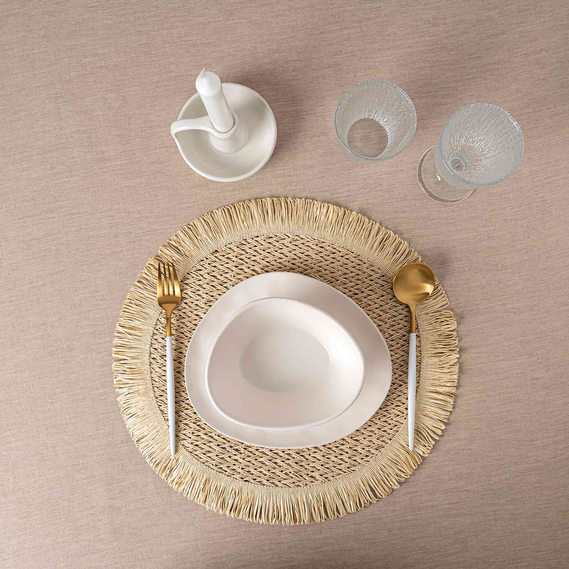 Mantel individual redondo con flecos beige Calma &Oslash;38cm 