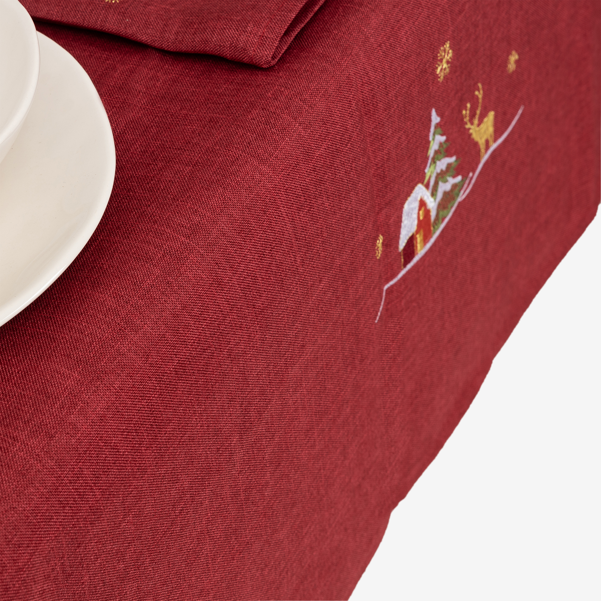 Mantel rojo con bordado Pueblo Navidad 150x250cm