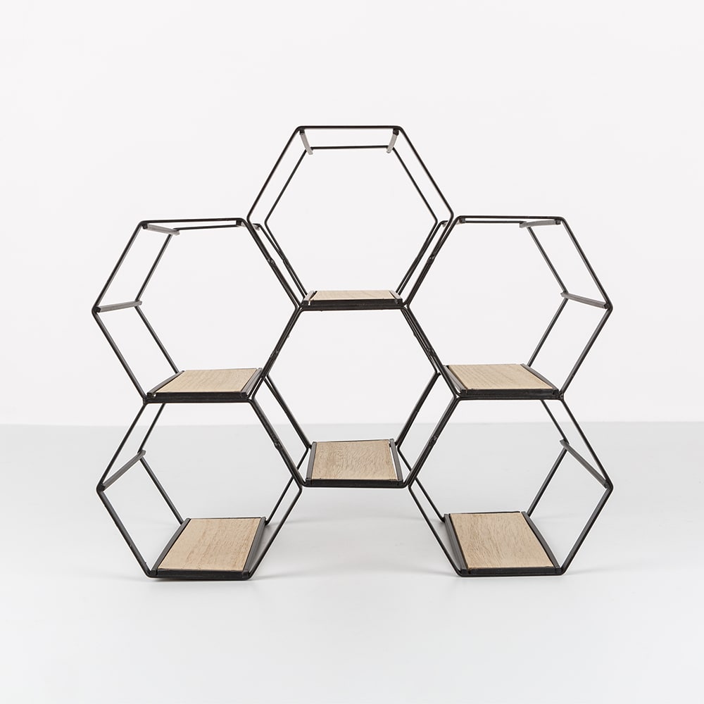 Botellero colmena de metal y madera para 6 botellas 29,5x15x25,5cm