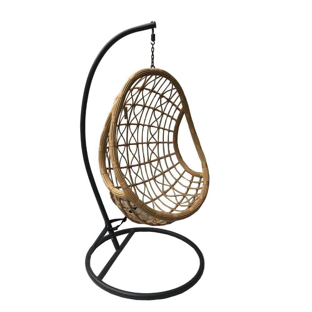 Sill&oacute;n colgante de rat&aacute;n sint&eacute;tico marr&oacute;n con coj&iacute;n gris Veran 105x105x195cm