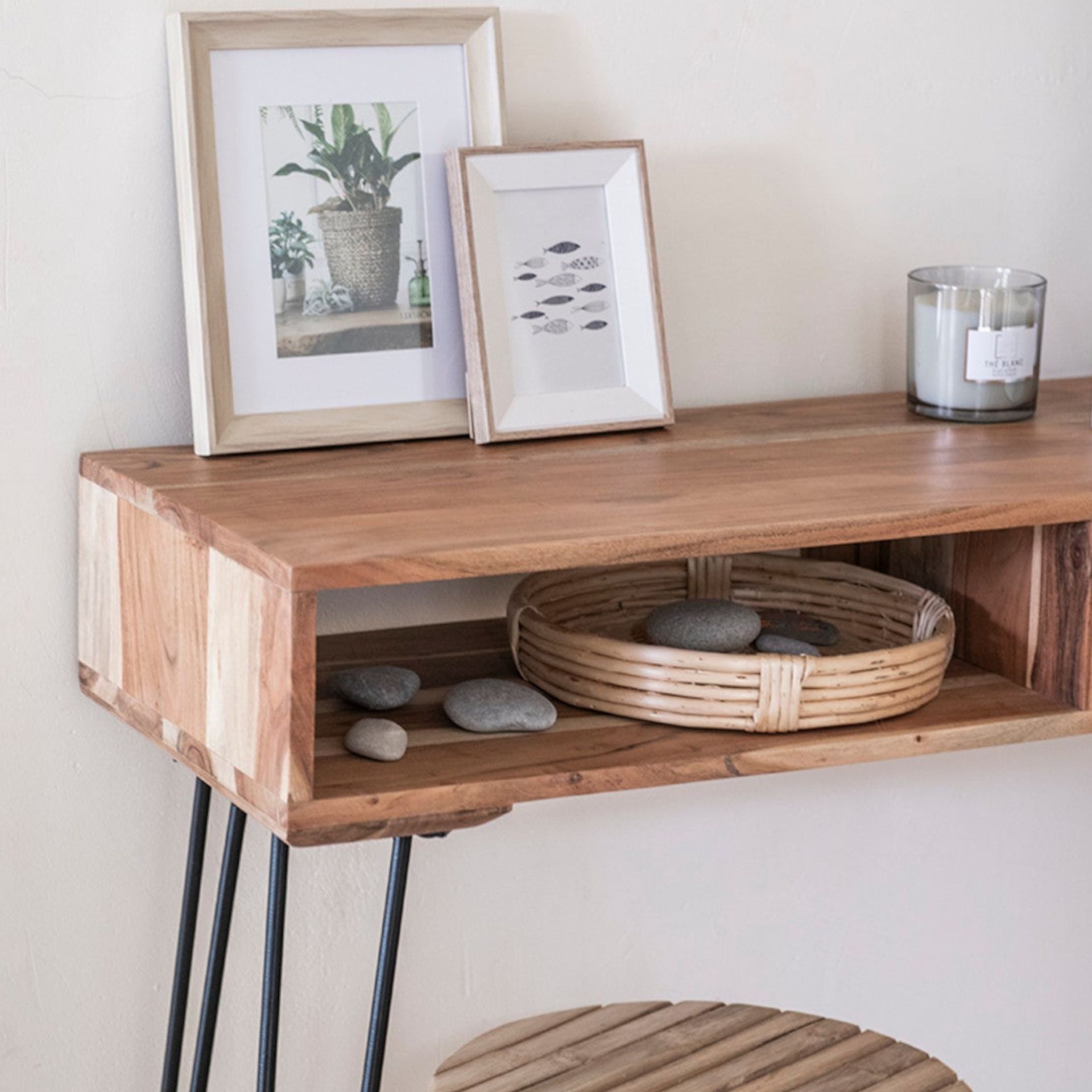 Consola de madera acacia con estanteria 115x35x76cm