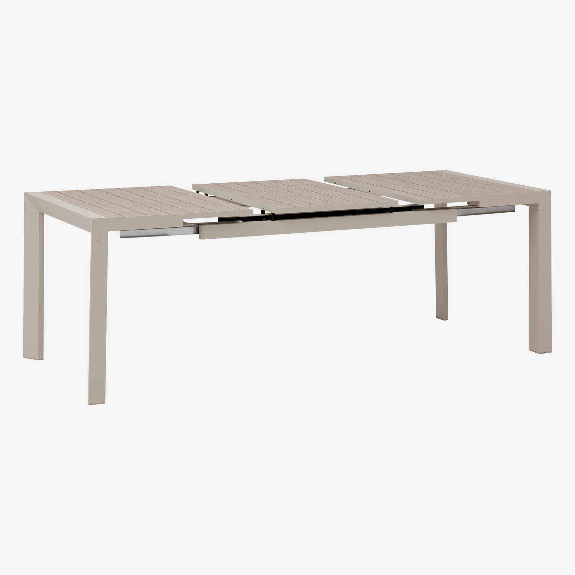 Mesa de comedor de jard&iacute;n extensible de aluminio efecto madera lino Evora 142x90x77cm
