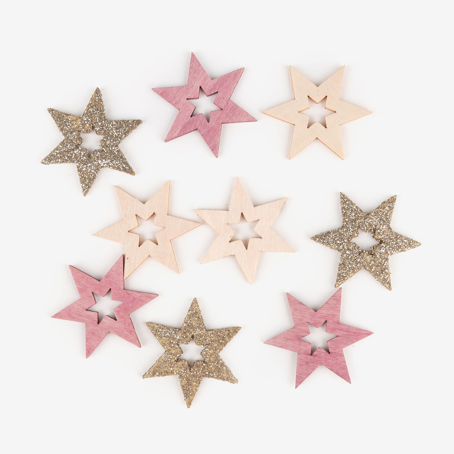 Set 48 estrellas decorativas de madera rosa y oro 4cm